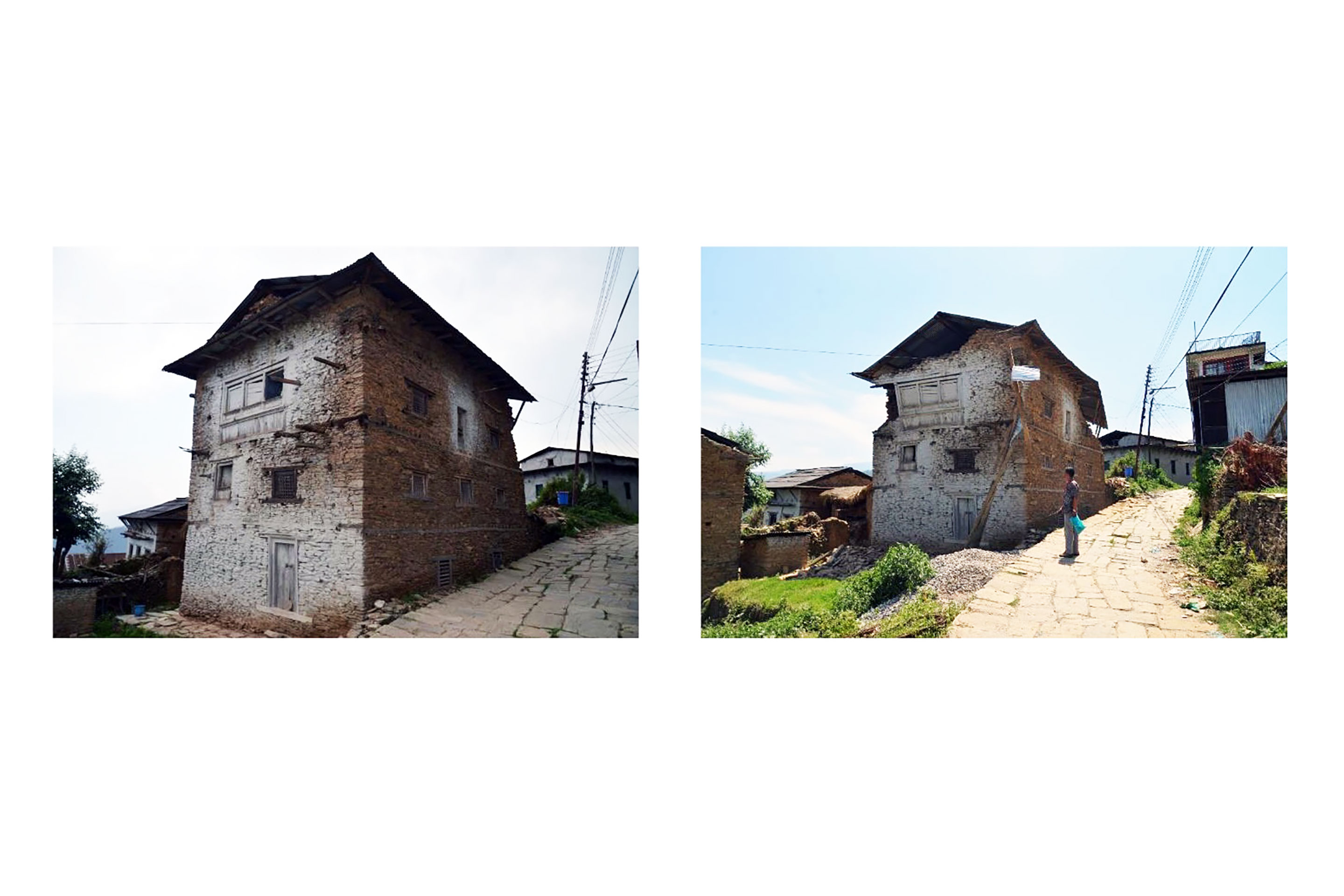 Vergleich des Zustands eines Hauses in Nepal nach dem Hauptbeben und nach dem Nachbeben.