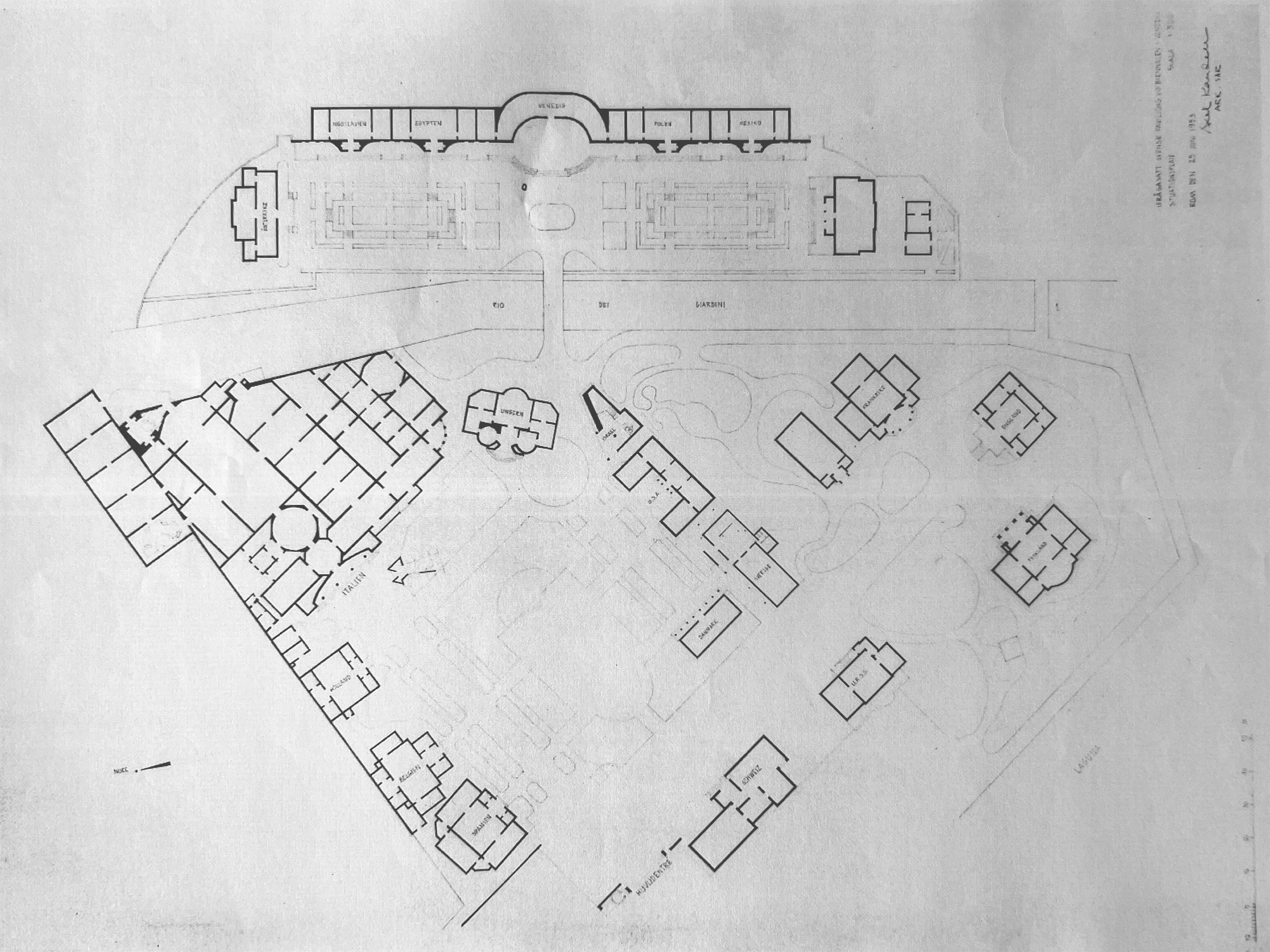 Plan der Giardini mit Grundrissen der Pavillons, 1953.