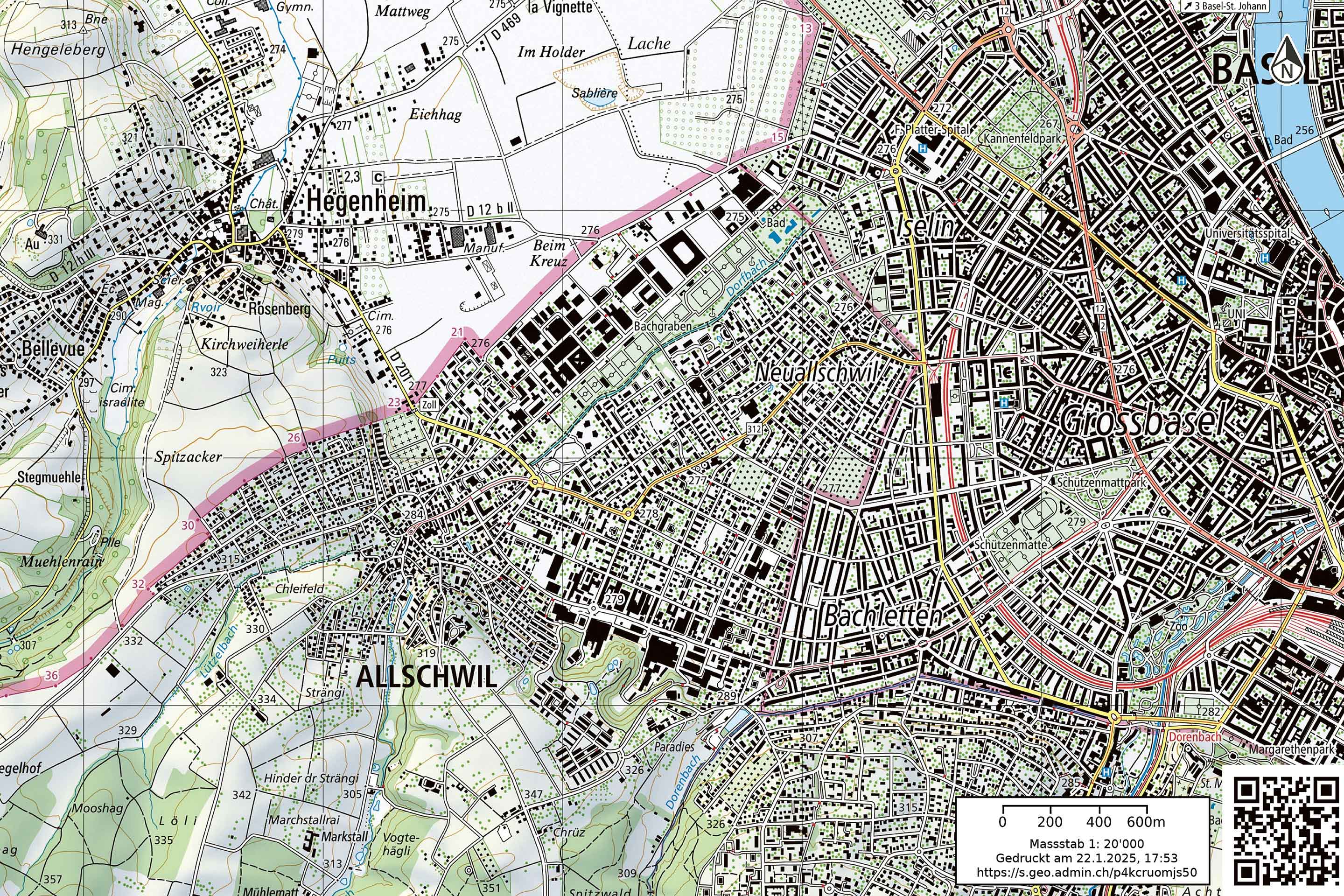 2024 Allschwil und Basel sind gänzlich zusammengewachsen. Allschwils Wohnbauten erstrecken sich bis in die Landschaft hinter den ehemaligen Ziegeleien. Auf dem BaseLink-Areal im Bachgraben wird grossmassstäblich gebaut, während Hégenheim in Frankreich eine vergleichbare Ausdehnung wie vor 50 Jahren hat.
