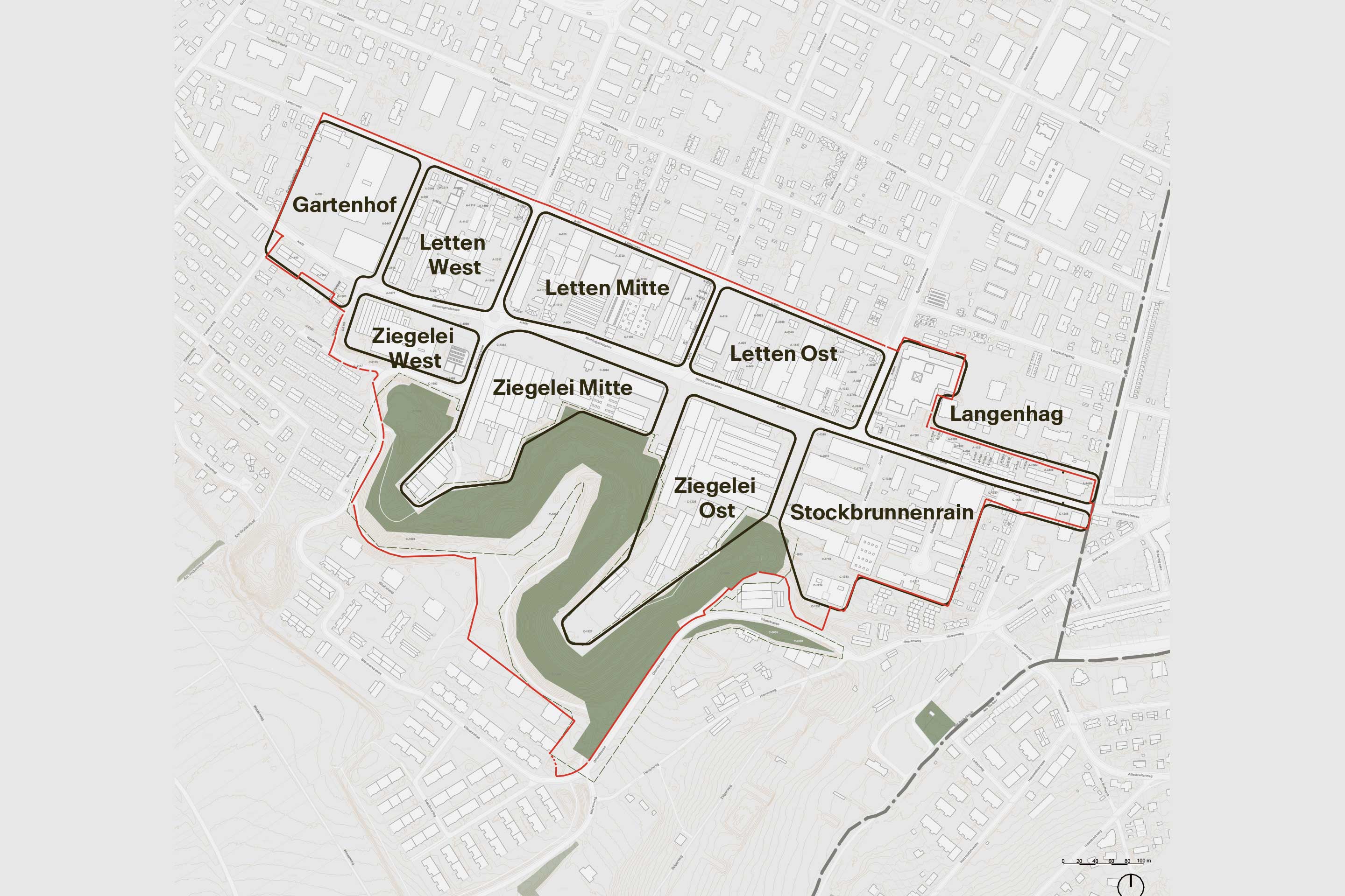 Die Teilgebiete im Entwicklungsgebiet Ziegelei-Letten werden etappenweise entwickelt.