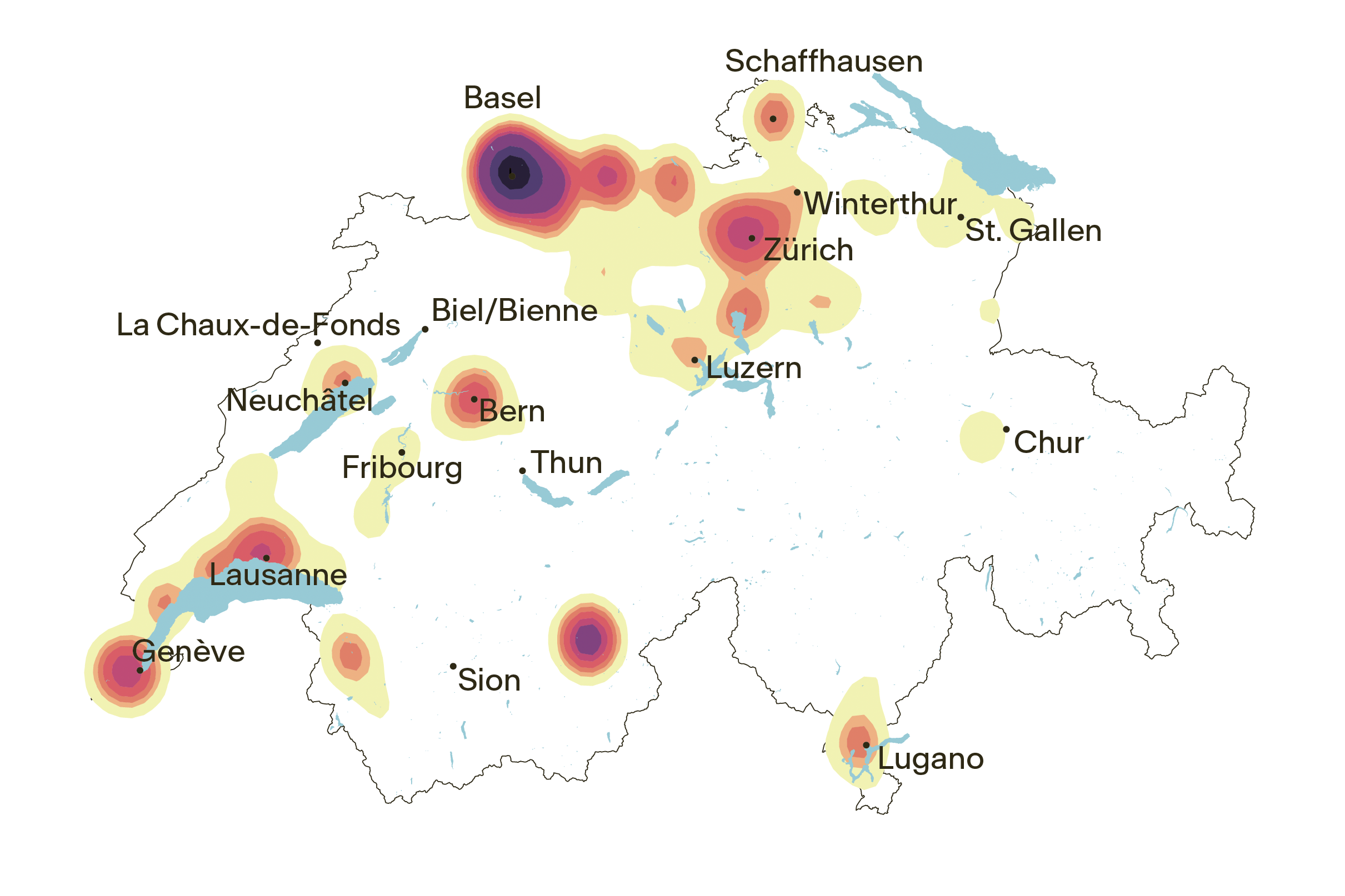 Heatmap Arbeitsplatzdichte in der Schweiz 2022 – Chemie und Pharma (NOGA 21-22, 72)