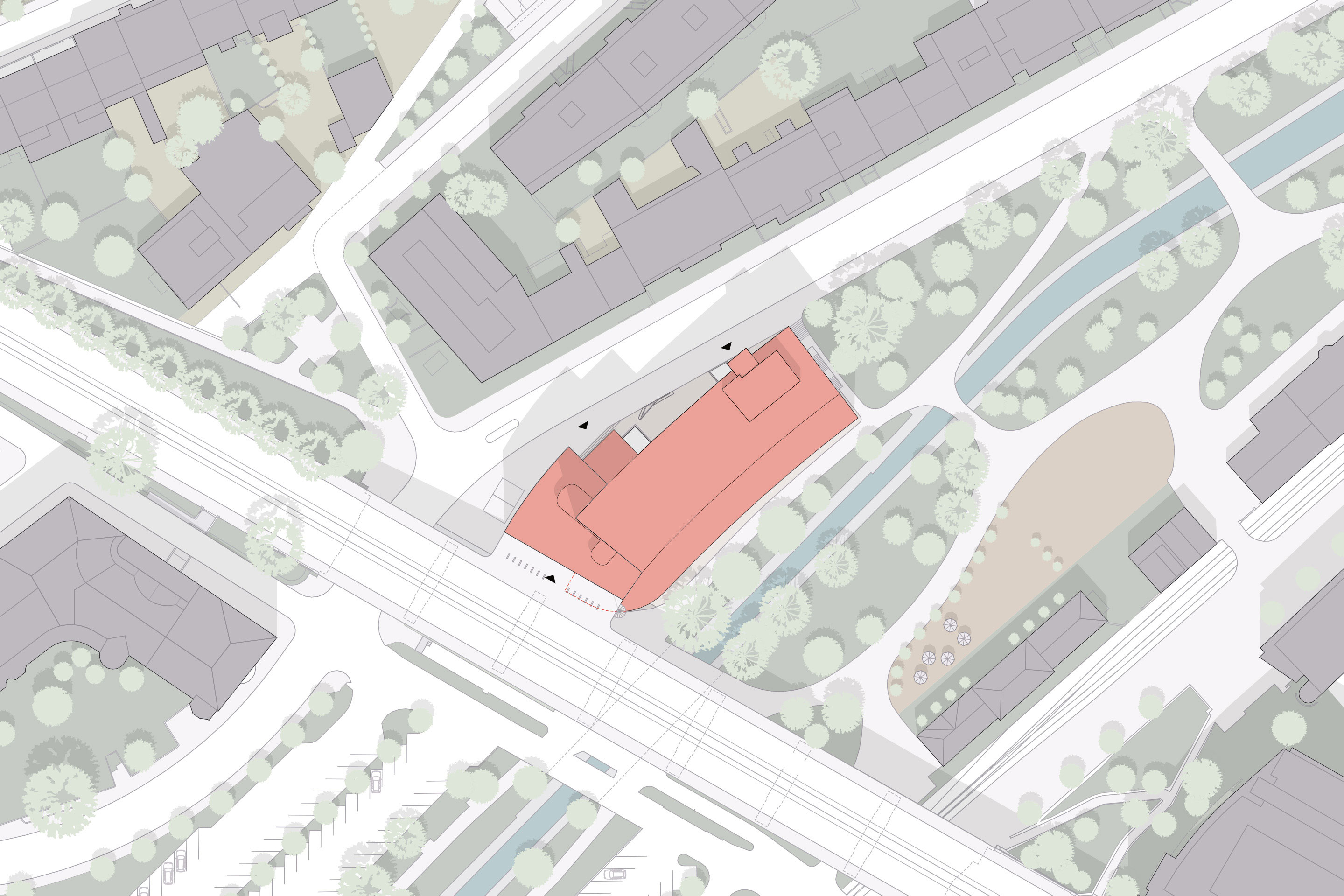 The Rialto indoor swimming pool is located in an unusual urban setting. Access is via the viaduct bridge, while the main entrance is at river level on the Birsig.