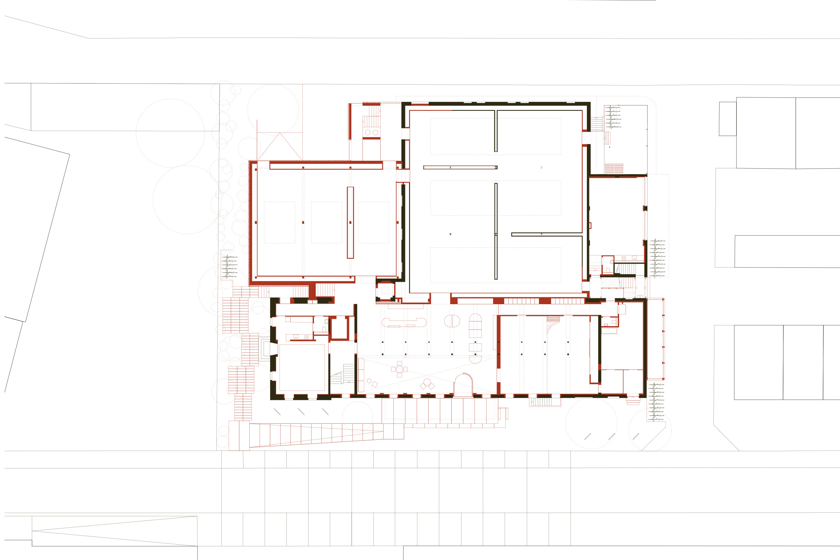 Das historisch zusammengewachsene Konglomerat besteht aus vier unterschiedlichen Gebäudeteilen: dem Kopf- und Längsbau mit Eingang, Foyer, Büro und Wohnungen sowie Veranstaltungsräumen, dem Webereisaal mit Sheddach für Ausstellungen und der neuen Erweiterung mit Ausstellungsraum und Anlieferung.