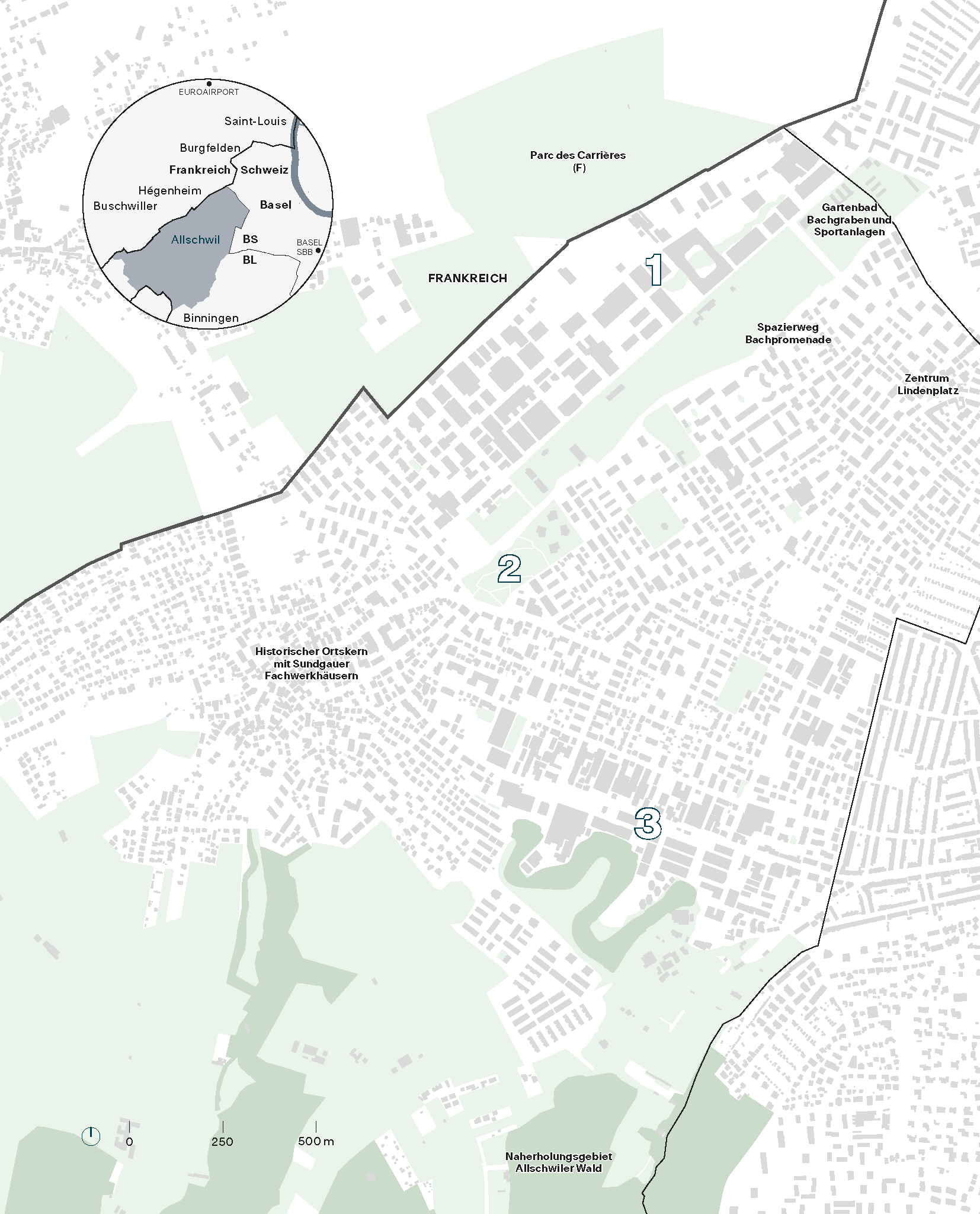 Die drei Entwicklungsgebiete in der Gemeinde Allschwil: (1) Bachgraben: Gewerbegebiet und Tech-Standort (2) Wegmatten: Innenentwicklung mit Park und Generationenwohnen (realisiert) und (3) Ziegelei-Letten: Gemischte Nutzung an zentraler Lage mit Aufwertung der öffentlichen Räume.