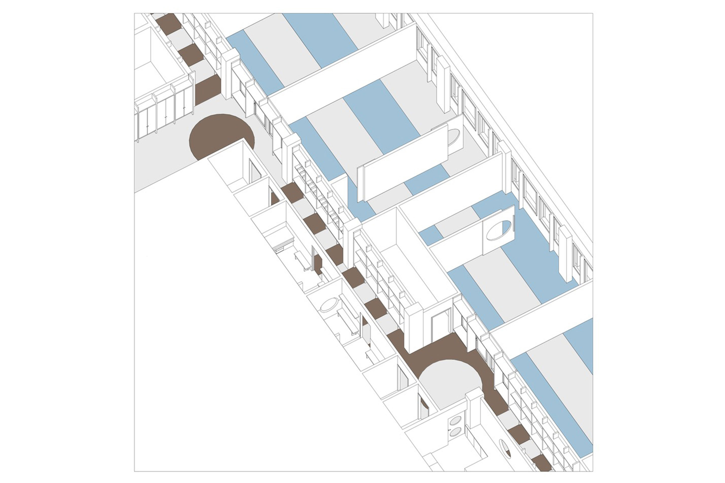 Ein Belag aus farbigen Linoleumstreifen gliedert den Boden.