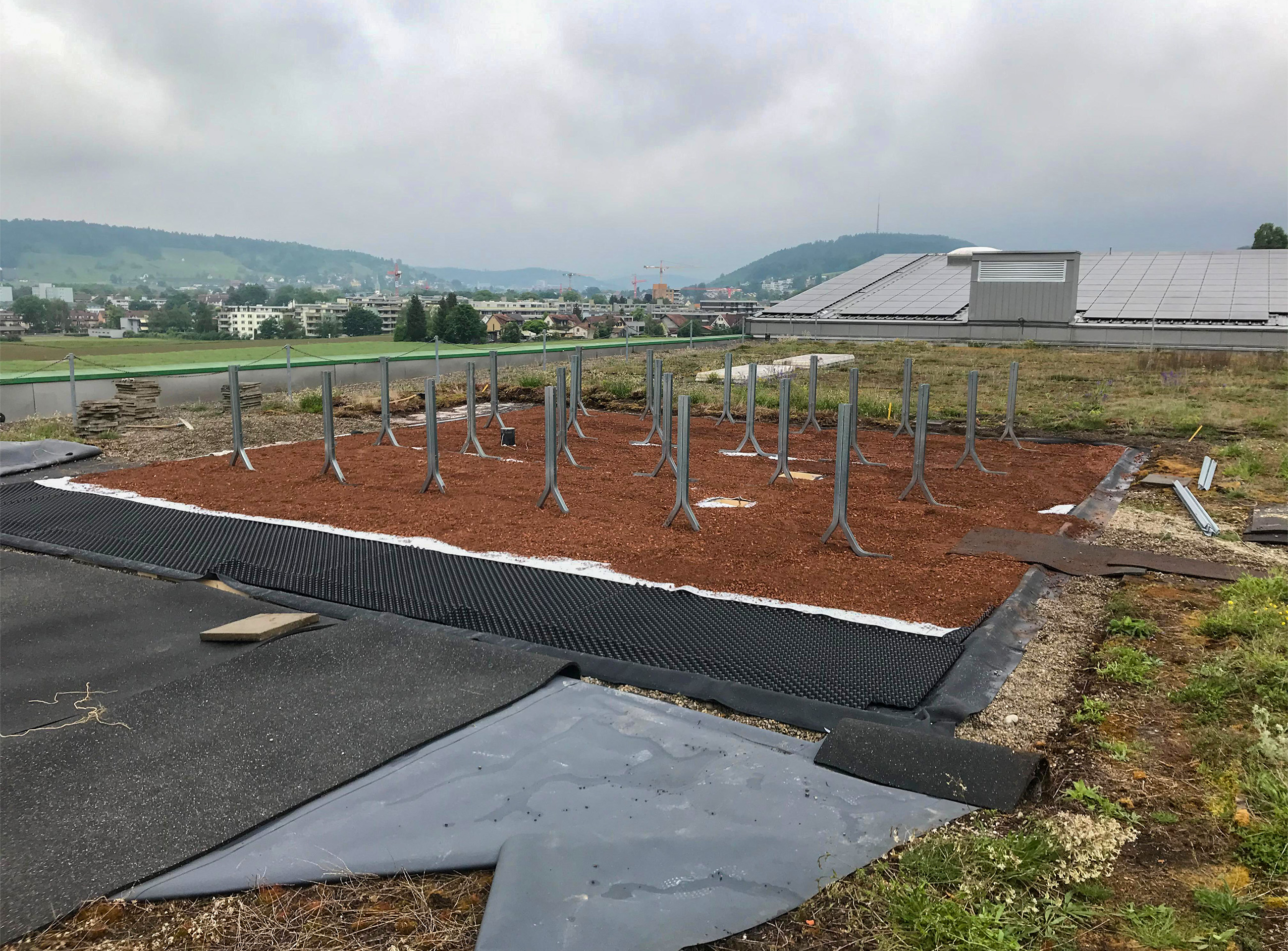 Aufbau eines Retentionsdachs mit Fotovoltaikanlage mit Drainage- und Wasserspeicherlement, Vliesmatte, Montageelementen für die Fotovoltaikanlage und Substrat für die Begrünung.