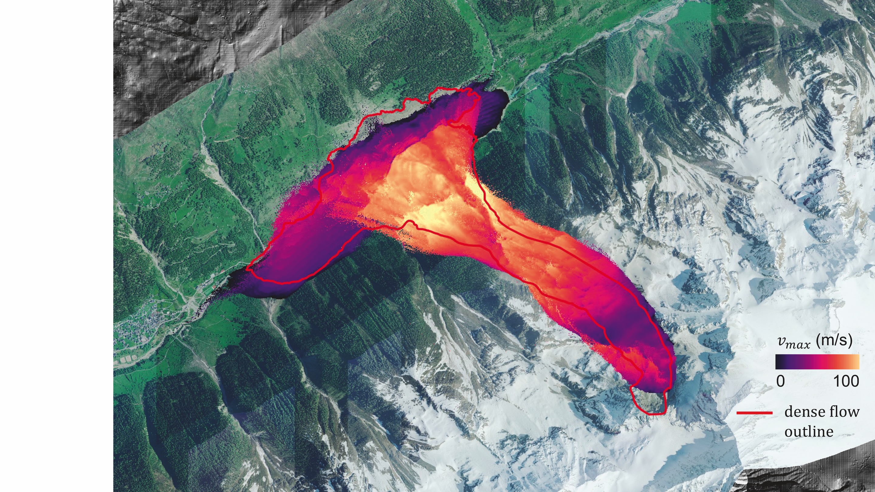 Simulation de la rupture du Birchgletscher, tout au long de la descente jusqu’au moment où la masse du glissement de terrain atteint presque le village de Weissenried. La couleur indique la vitesse.