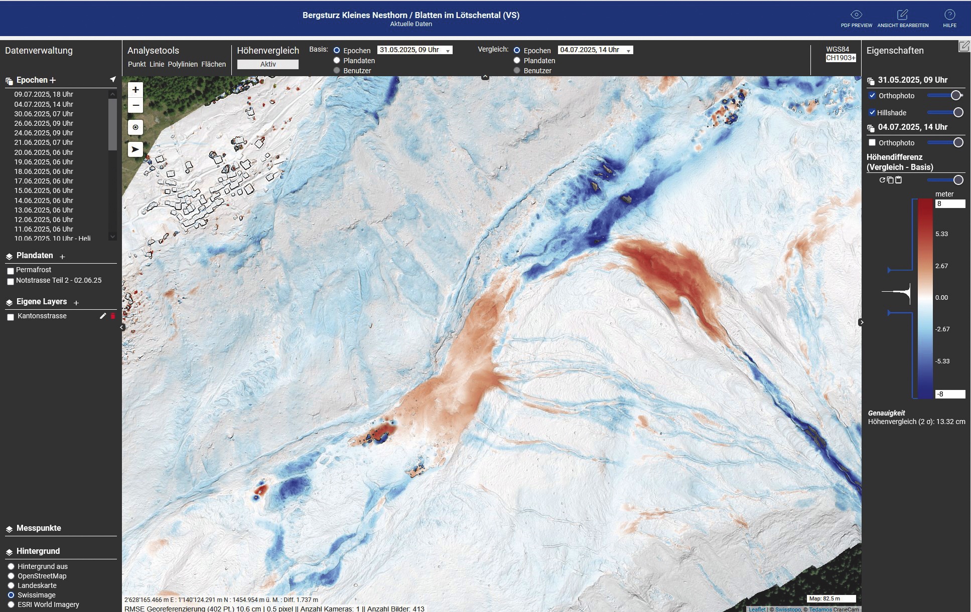 La comparaison de deux modèles numériques de terrain (MNT) permet de distinguer les zones qui perdent de l’altitude par érosion ou tassement (en bleu) de celles qui en gagnent par accumulation de matériaux (en rouge). On constate, qu’un grande partie de la zone se tasse; cela est du en grande partie à la fonte de la glace mélangée aux débris rocheux.