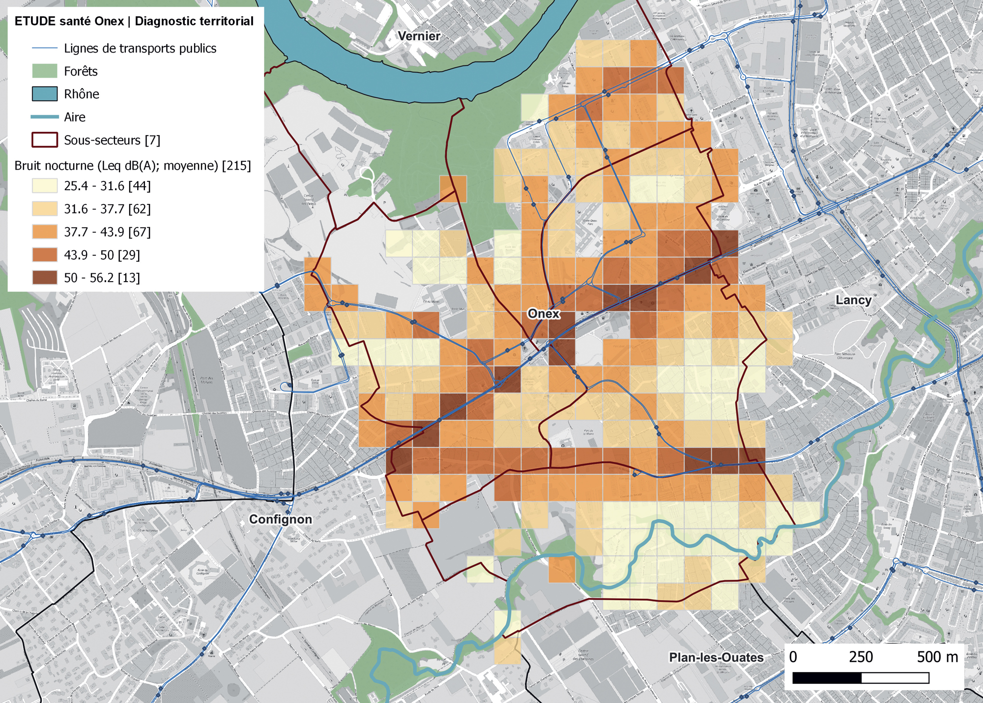 Bruit nocturne en décibels au sein de la commune d’Onex (GE). Carte réalisée dans le contexte d’un diagnostic territorial santé. Nous observons des niveaux élevés, à proximité des axes routiers et des lignes de transports publics.