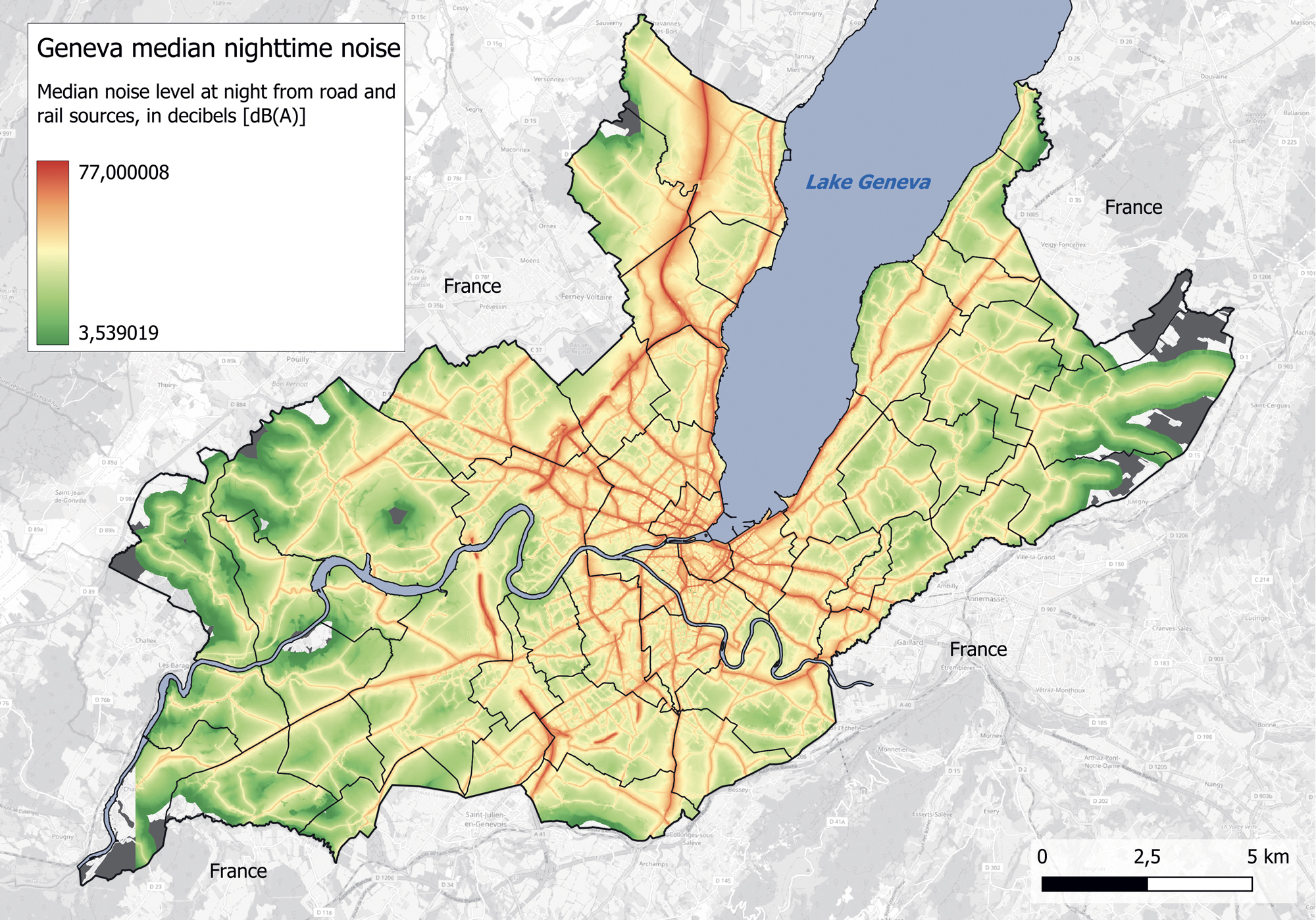 Distribution du bruit de nuit dans le canton de Genève