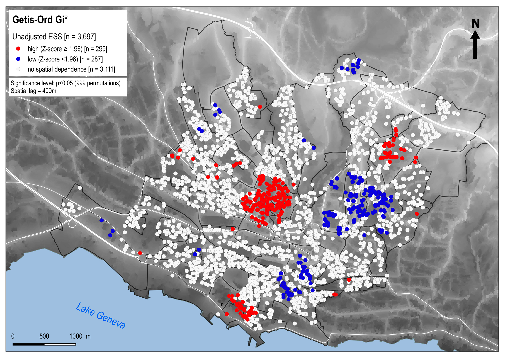 Extrait de l’article publié dans International Journal of Hygiene and Environmental Health1. Nous avons étudié les données de 3697 personnes vivant à Lausanne, pour voir si la somnolence pendant la journée (mesurée avec un questionnaire appelé ESS) varie selon les quartiers. L’image du haut montre les résultats bruts (non ajustés), et l’image du bas tient compte de plusieurs facteurs qui peuvent influencer la somnolence: le sexe, l’âge, l’IMC, les revenus du quartier, et certains médicaments (bêta- bloqu