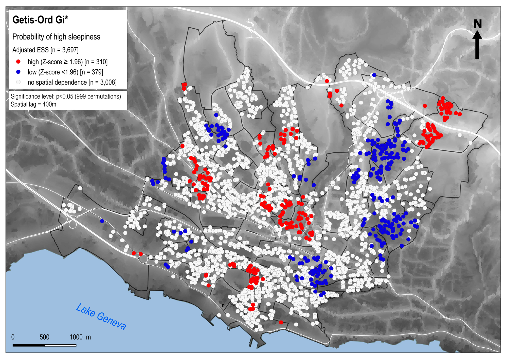 Extrait de l’article publié dans International Journal of Hygiene and Environmental Health1. Nous avons étudié les données de 3697 personnes vivant à Lausanne, pour voir si la somnolence pendant la journée (mesurée avec un questionnaire appelé ESS) varie selon les quartiers. L’image du haut montre les résultats bruts (non ajustés), et l’image du bas tient compte de plusieurs facteurs qui peuvent influencer la somnolence: le sexe, l’âge, l’IMC, les revenus du quartier, et certains médicaments (bêta- bloqu