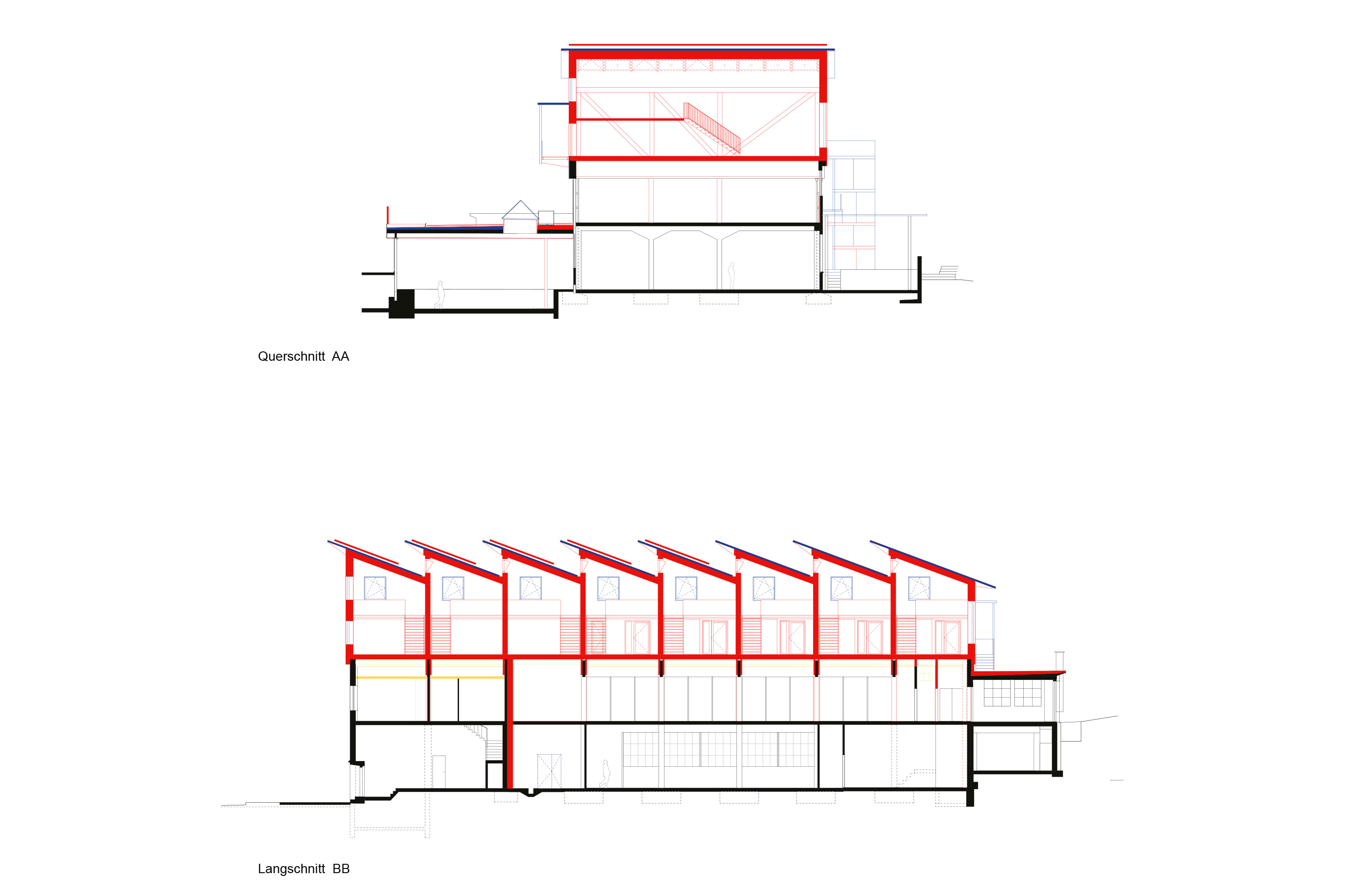 Baubüro in situ: Werkhof 29, Zürich, Querschnitt und Längsschnitt