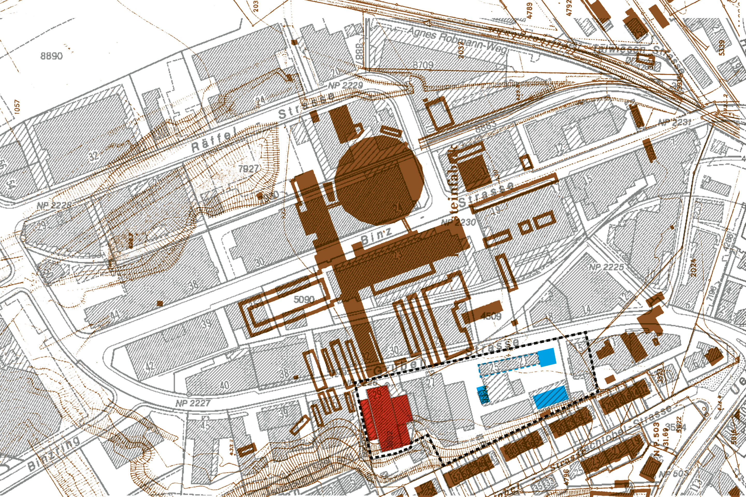 Situationsplan: Der Werkhof 29 in rot, schwarz umrandet das «Areal Werkhof Binz», in blau der «ältere Bruder» des Projekts von 2016. Braun eingezeichnet die Situation um 1900.