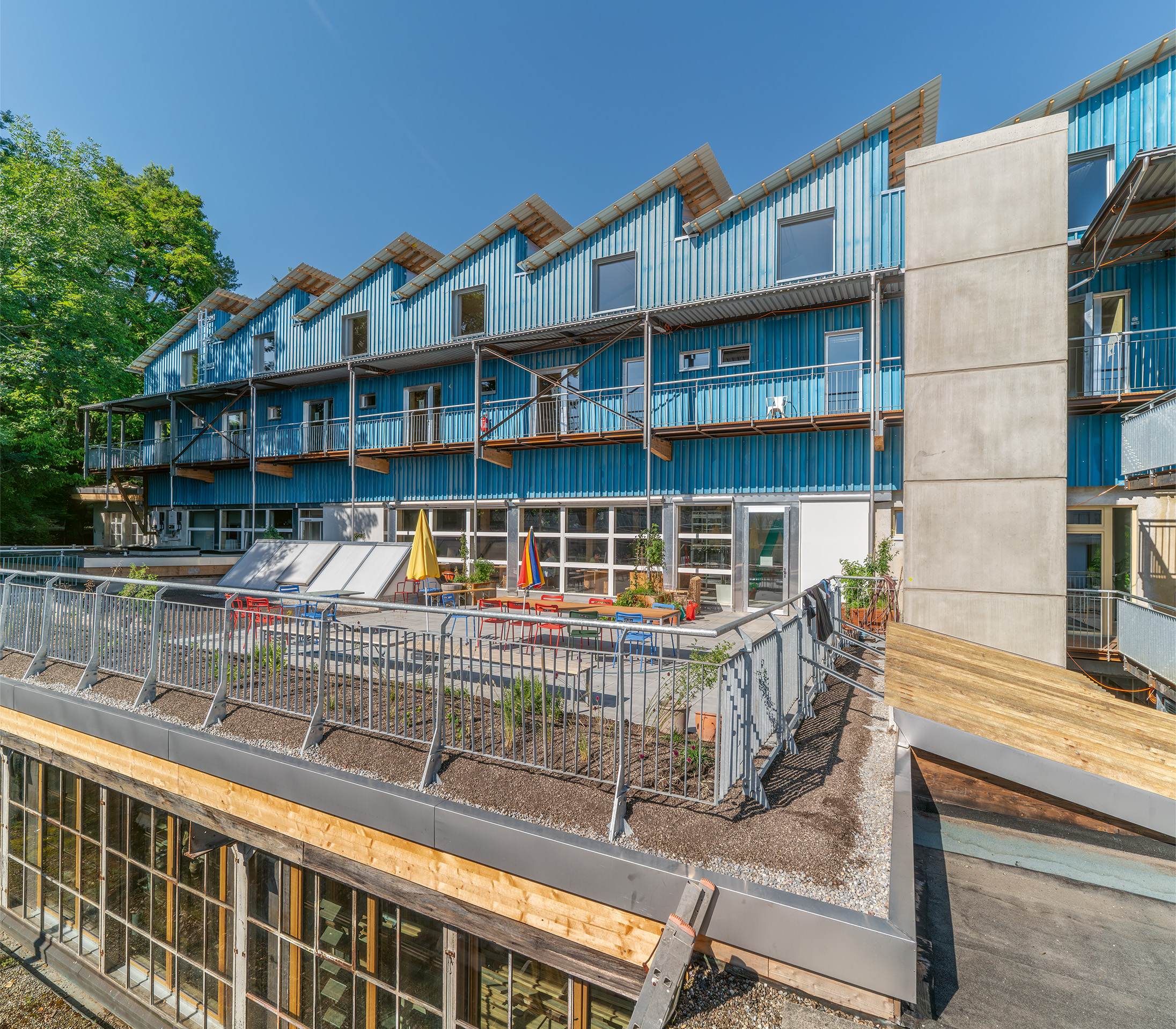 Blick auf die Dachterrasse vor dem grossen Gemeinschaftsbüro im 1. Obergeschoss.