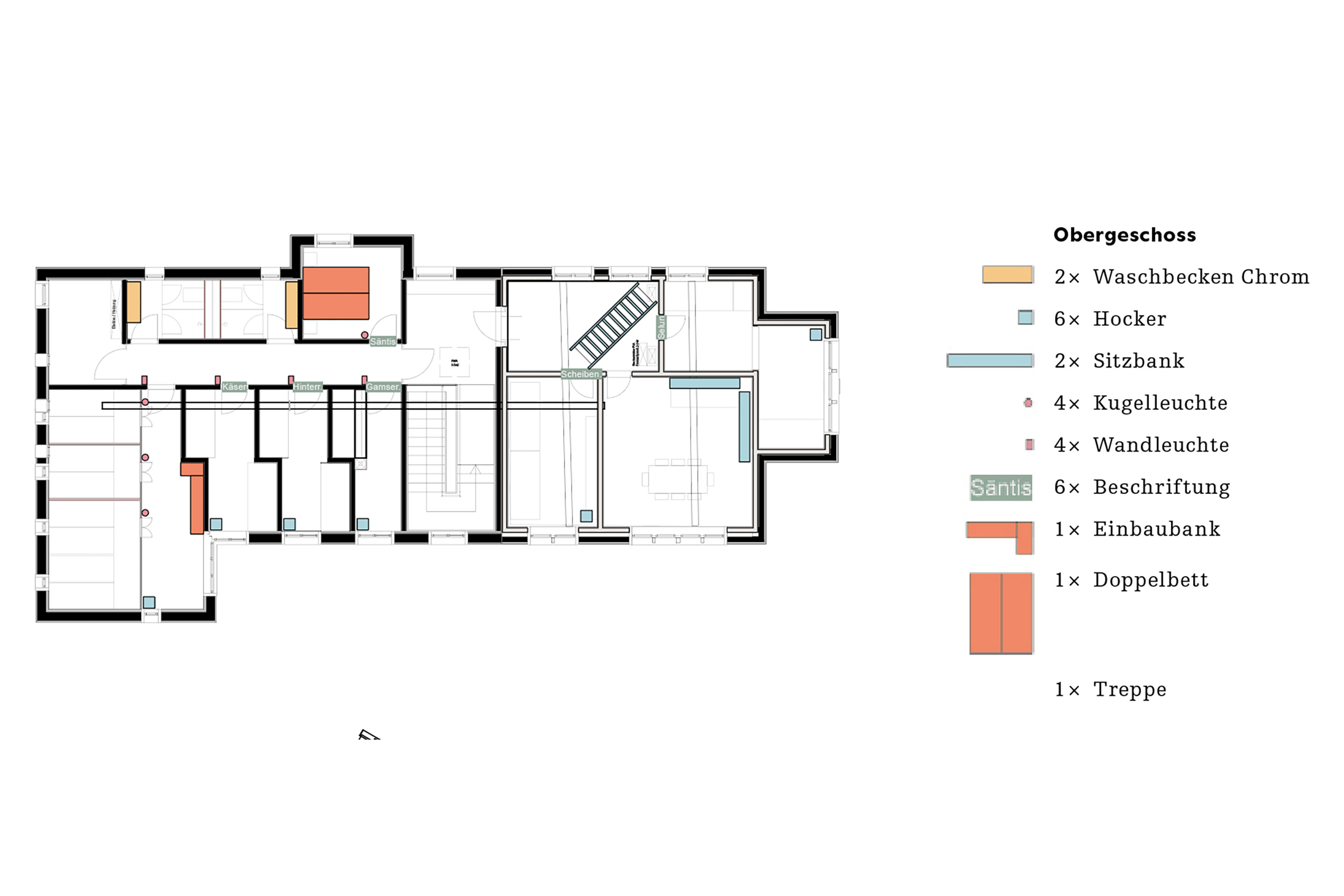 Jennyhaus: Grundriss Obergeschoss mit Auflistung der wiederverwendeten Bauteile.