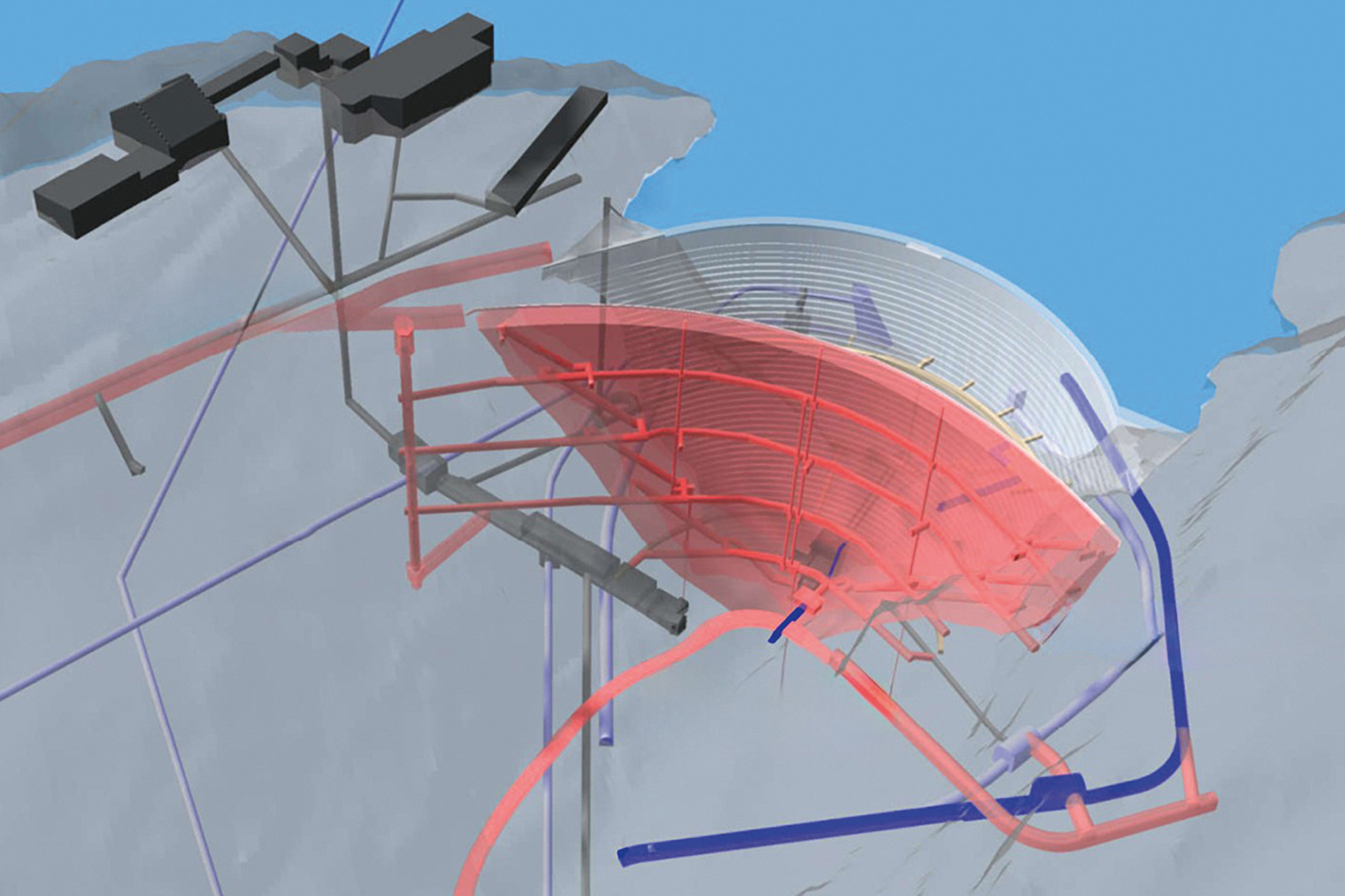 Visualisation 3D des deux murs. Sous la galerie d’accès se trouve la galerie menant au Gelmersee. À la bifurcation entre la nouvelle vidange de fond et la galerie d’accès se trouve le raccordement à la centrale de pompage/turbinage «Grimsel 4».