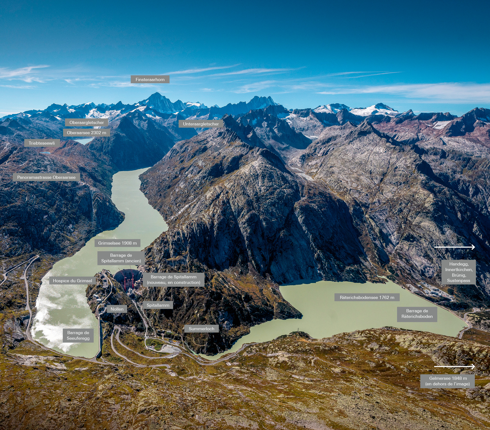 Vue aérienne de la région au nord du col du Grimsel. L’Aar prend sa source au niveau du glacier de l’Unteraar et draine la vallée du Haslital vers le nord (à droite).