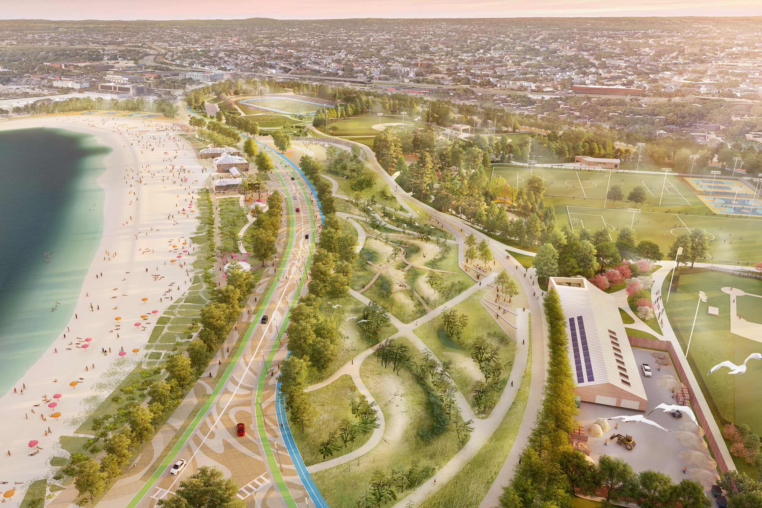 Moakley Park: un parc municipal en bord de mer à Boston qui intègre des zones humides renaturées, la gestion des eaux pluviales, des paysages adaptatifs et des plantes indigènes afin de créer un espace public résilient et inclusif.