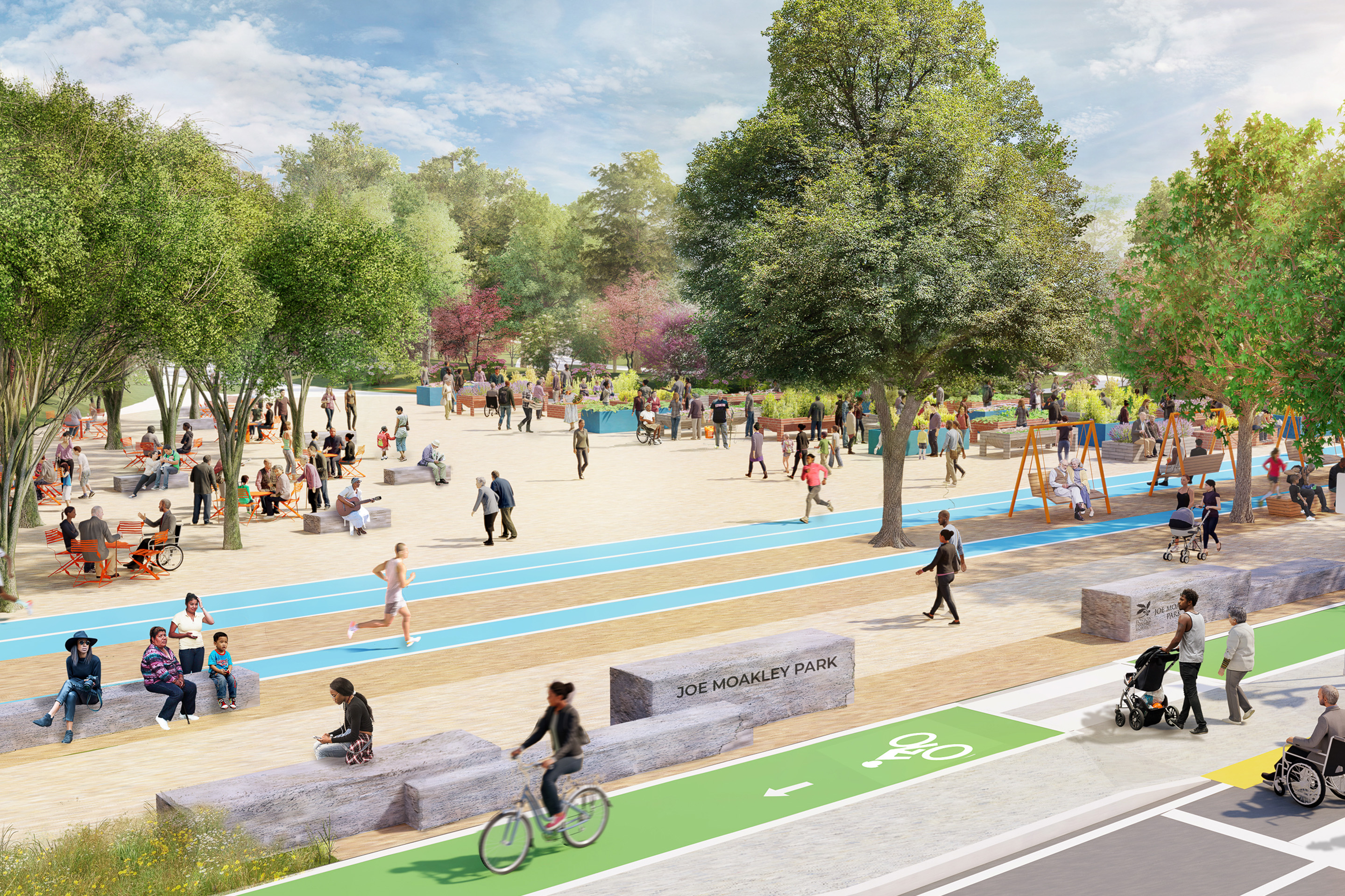 Des pistes cyclables et des sentiers de course à pied serpentent à travers des espaces animés dédiés à la détente et à l'activité physique.