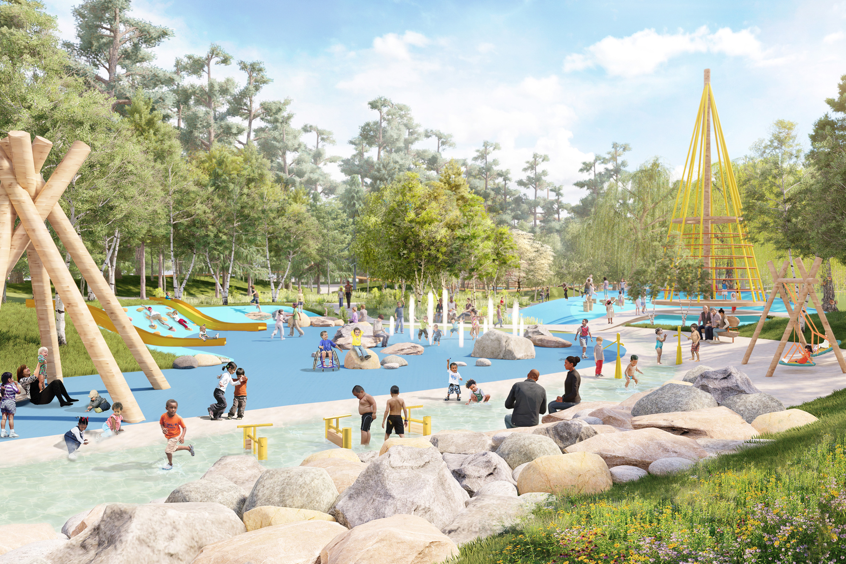 Un environnement ludique et sécurisé invite les enfants à explorer le parc et à s'y amuser.