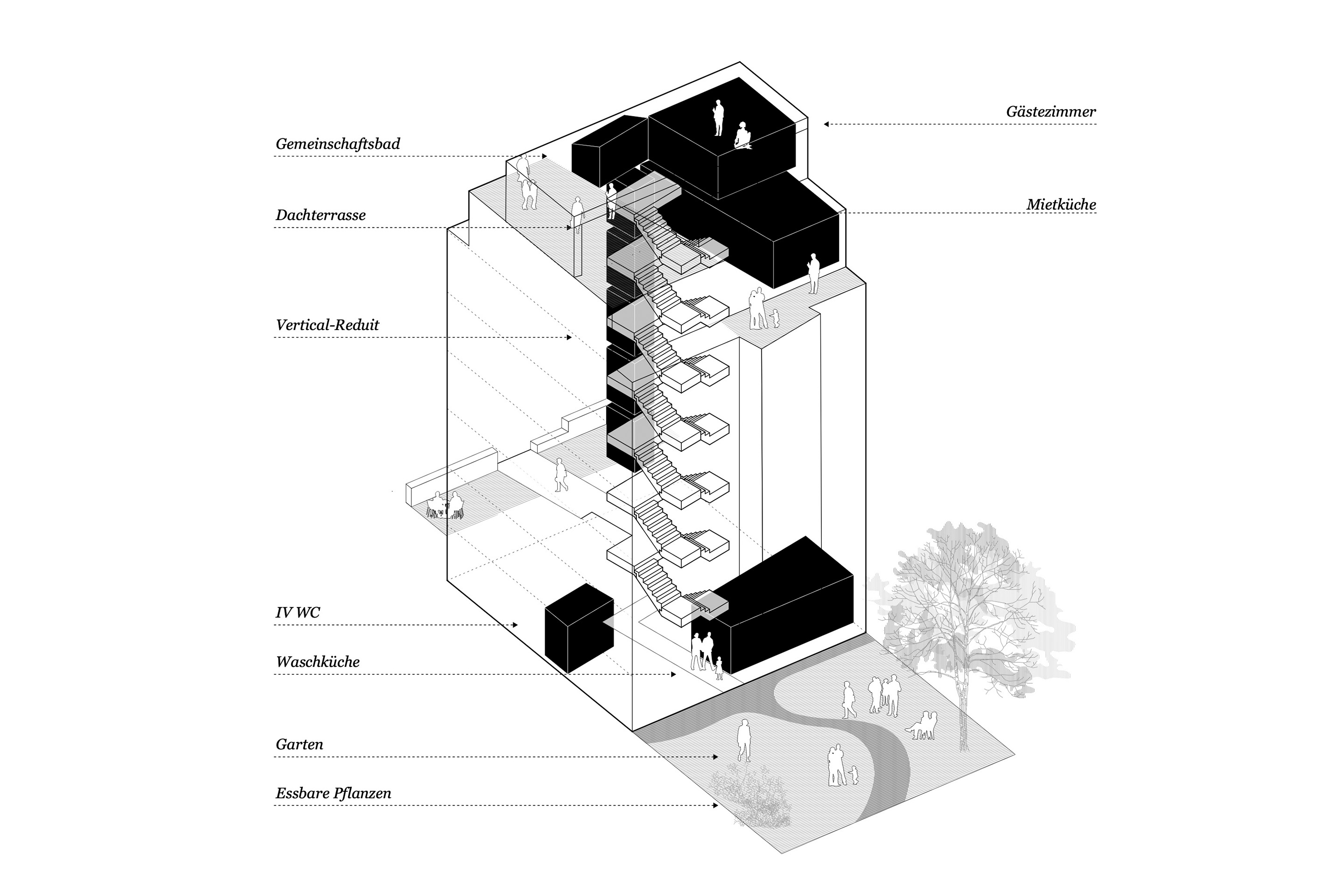 In den obersten Geschossen sowie im Gartengeschoss befinden sich die gemeinschaftlich genutzten Räume.