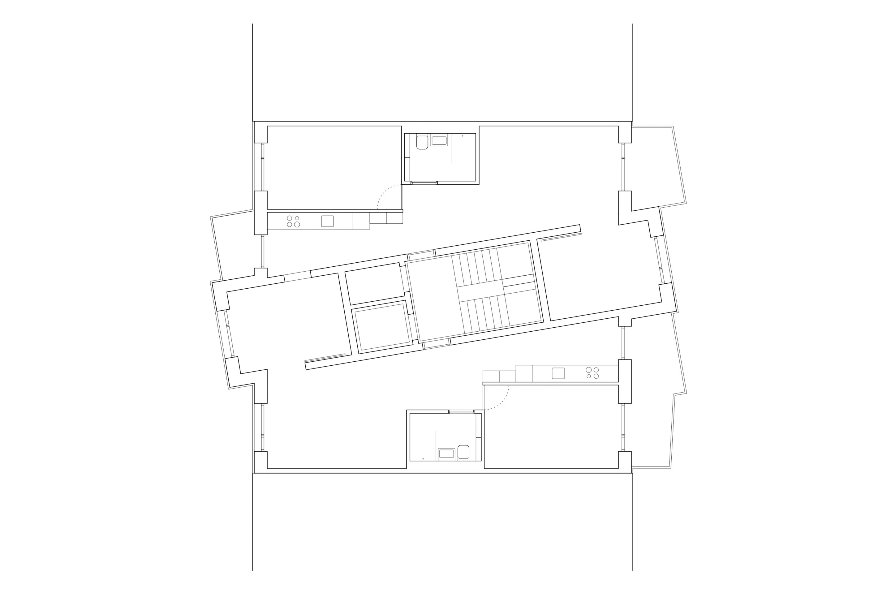 Grundriss Regelgeschoss: Die Schaltzimmer auf Hof- und Fassadenseite im schrägen Mitteltrakt können frei zugeteilt werden, wodurch die Wohnungsgrössen von 2.5 bis 4.5 Zimmer anpassbar sind.