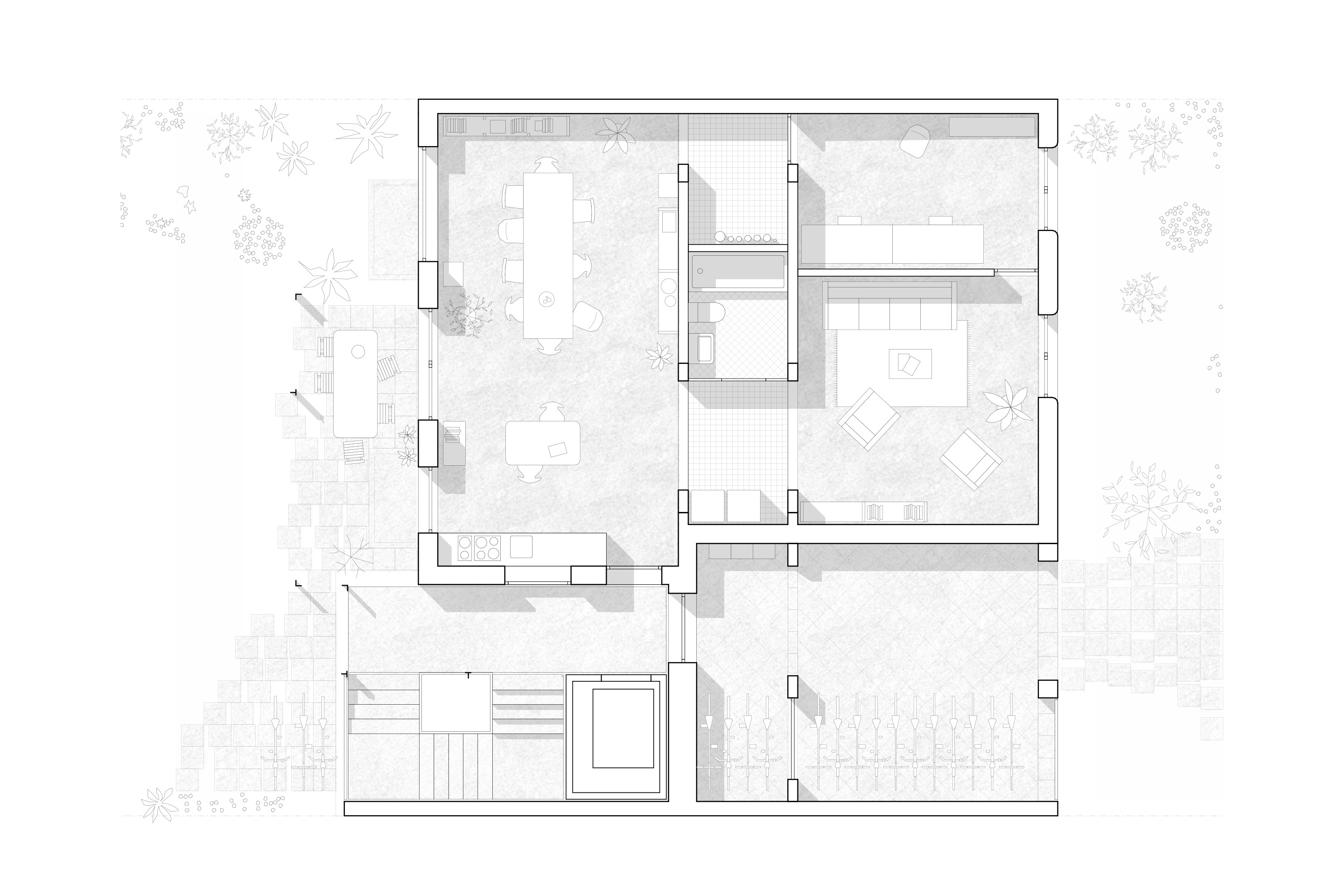 Im Erdgeschoss befinden sich Küche, Wohnzimmer und Waschküche der Treppenhaus-WG, deren Schlafzimmer über die Stockwerke verteilt sind.