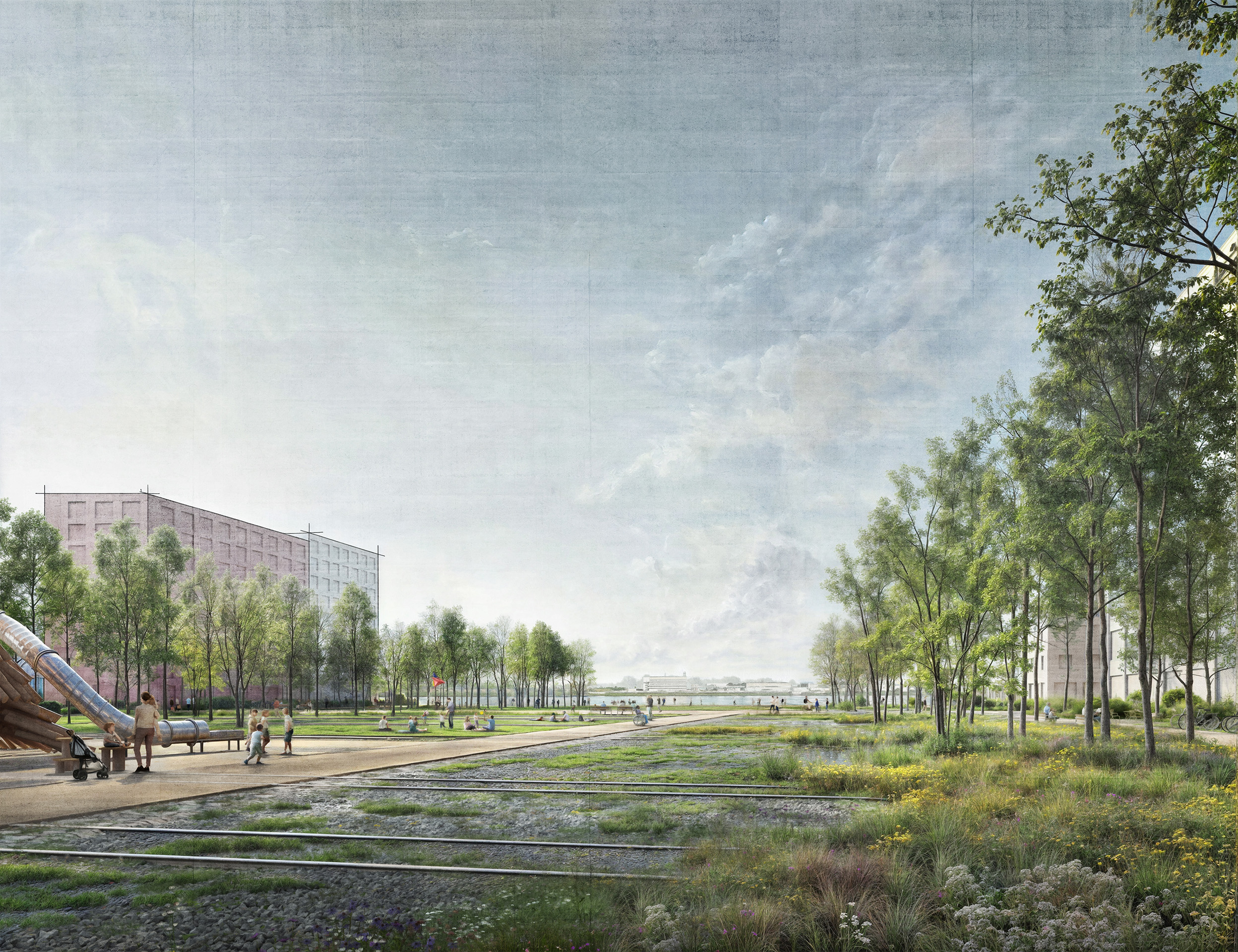 Der neue grosse Park knüpft an das bestehende Quartier Kleinhüningen an und ermöglicht den direkten Zugang zum Rhein, der heute durch die Hafenbahn verhindert ist.