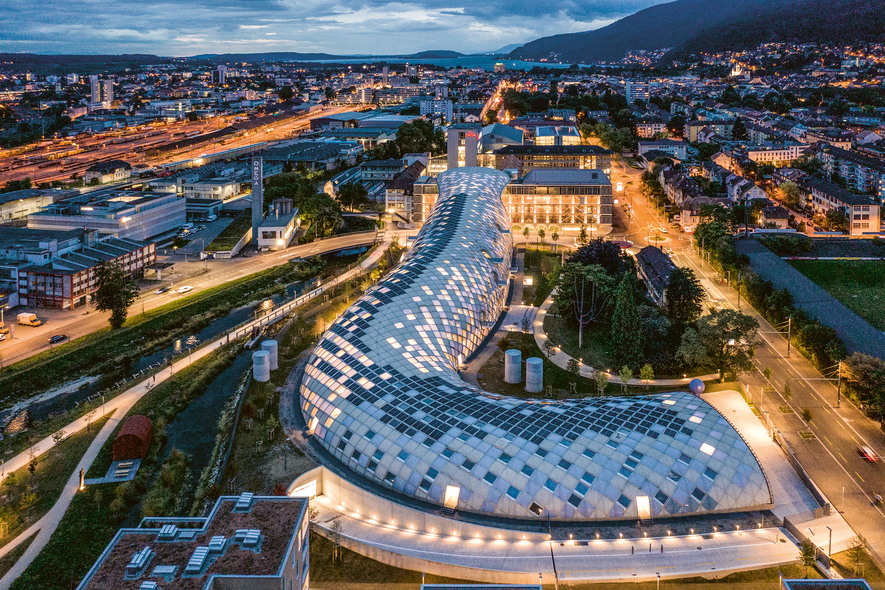 Vue aérienne du site de Swatch, Bienne, 2019 (Swatch Group)