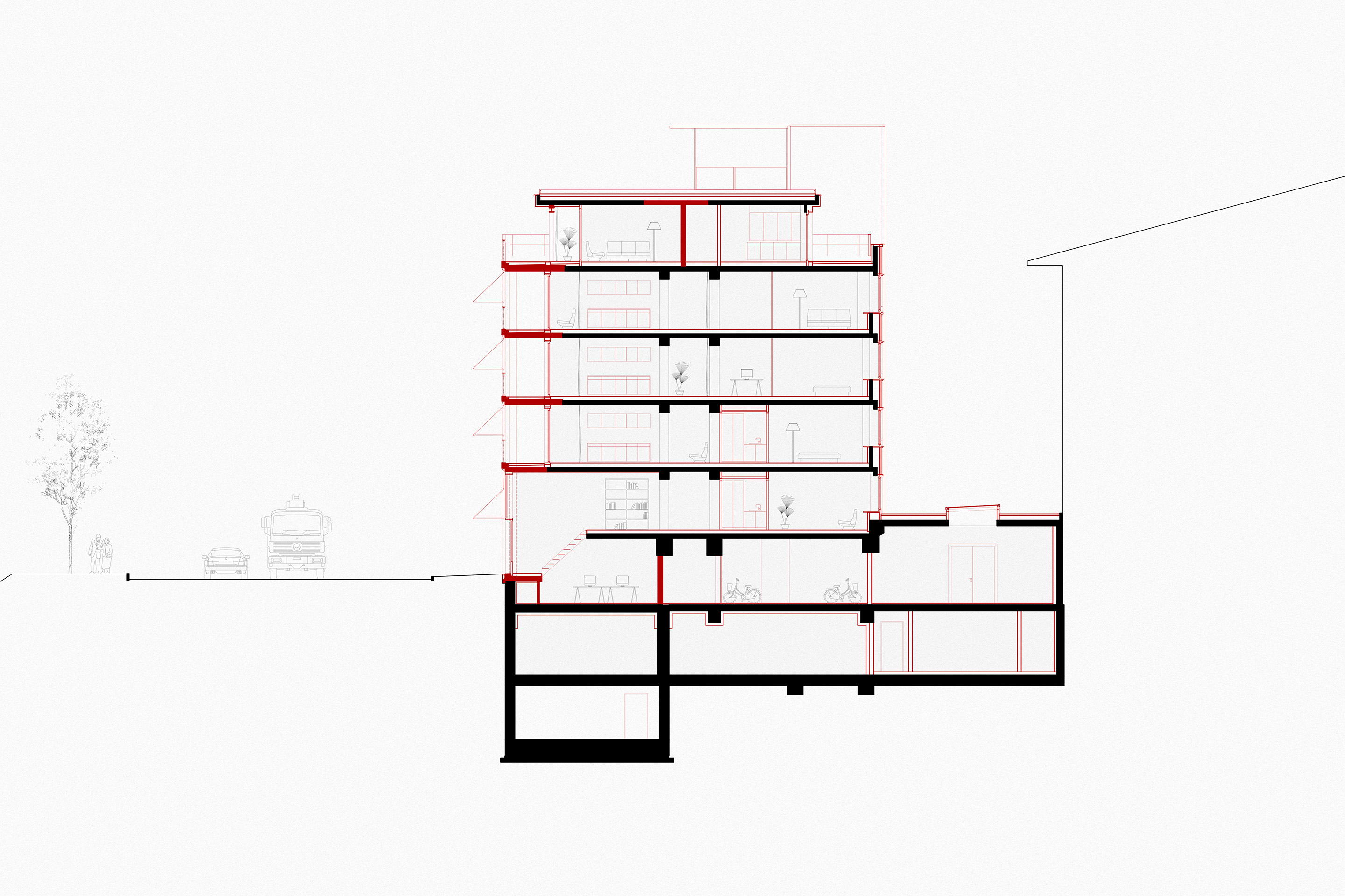 Schnitt mit Wohnatelier im Erdgeschoss.