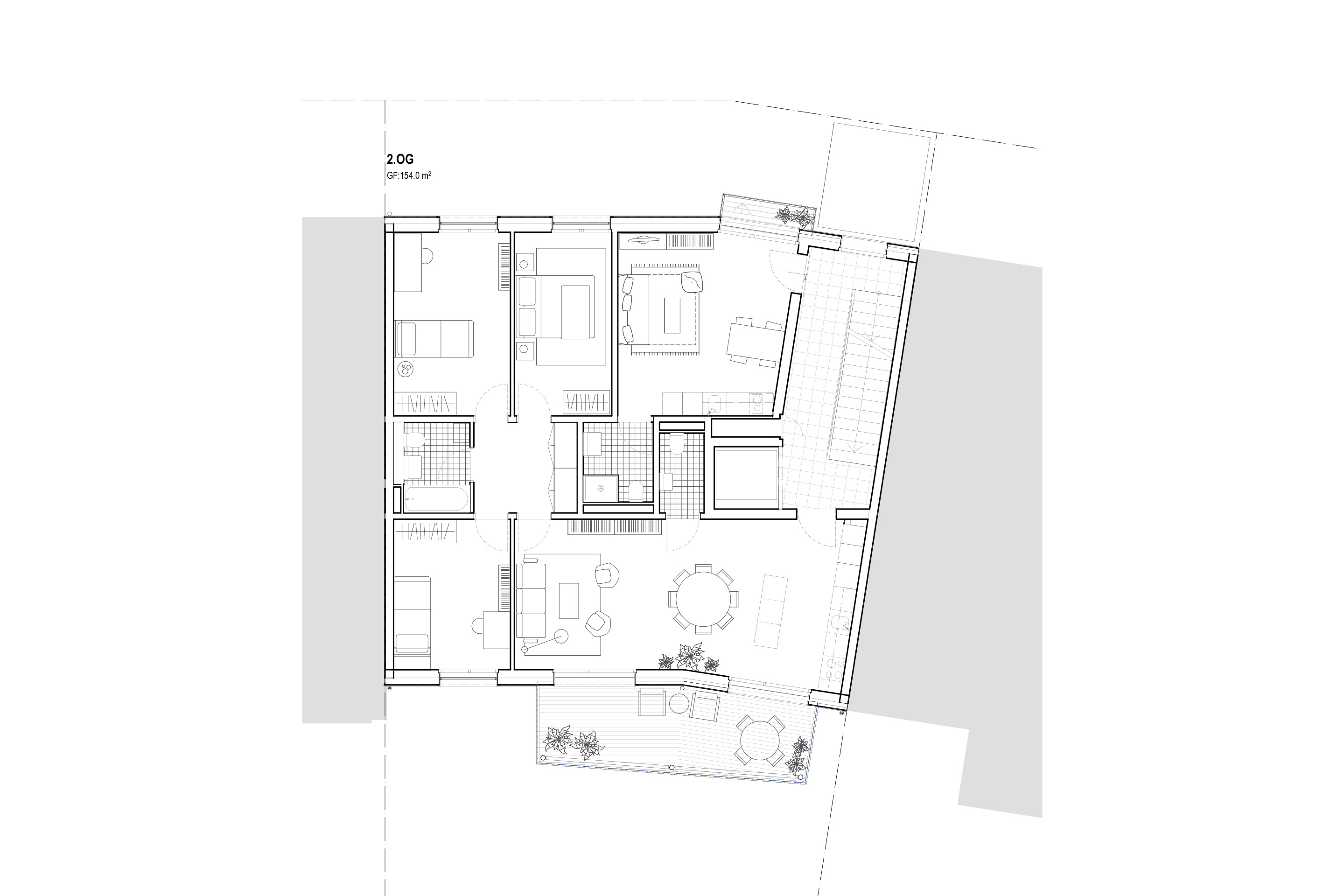 Feld 4: Grundriss 2. Obergeschoss. Vom 1. bis zum 4. Obergeschoss können die Grundrisse von 1.5-Zimmer-Wohnung bis 5.5-Zimmer-Wohnung angepasst werden.