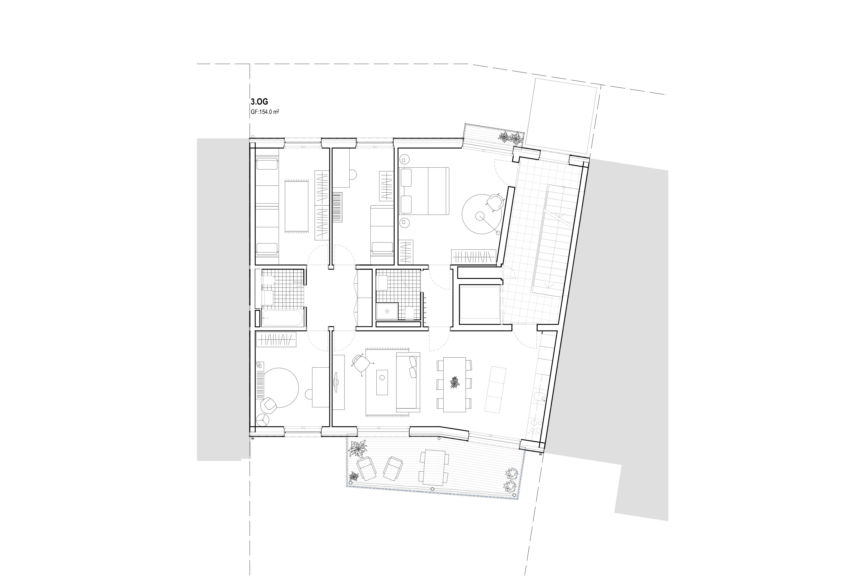 Feld 4: Grundriss 3. Obergeschoss, als 5.5-Zimmer-Wohnung, die bei Bedarf mit wenig Aufwand verkleinert werden kann.