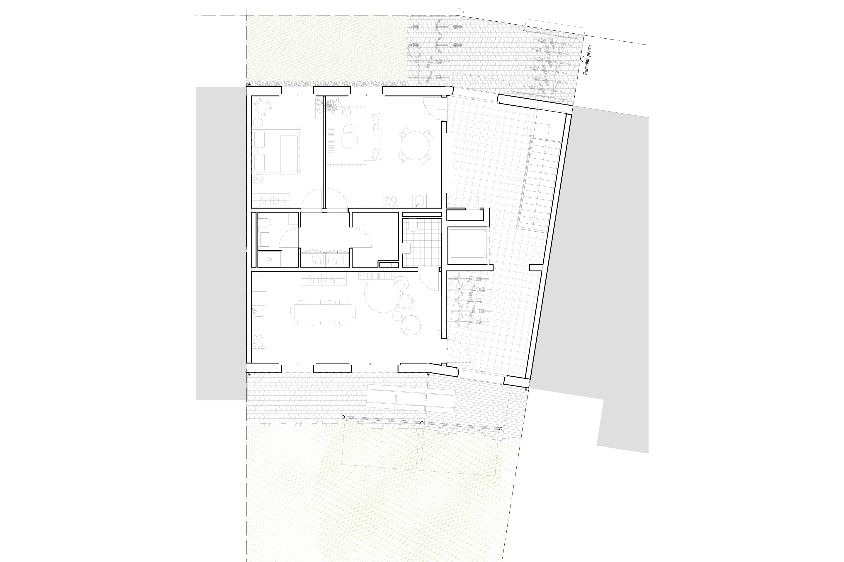 Feld 4: Grundriss Erdgeschoss, wo sich neben einer 2.5-Zimmer-Wohnung auch das Gemeinschaftszimmer mit Küche und Gartenzugang befindet.