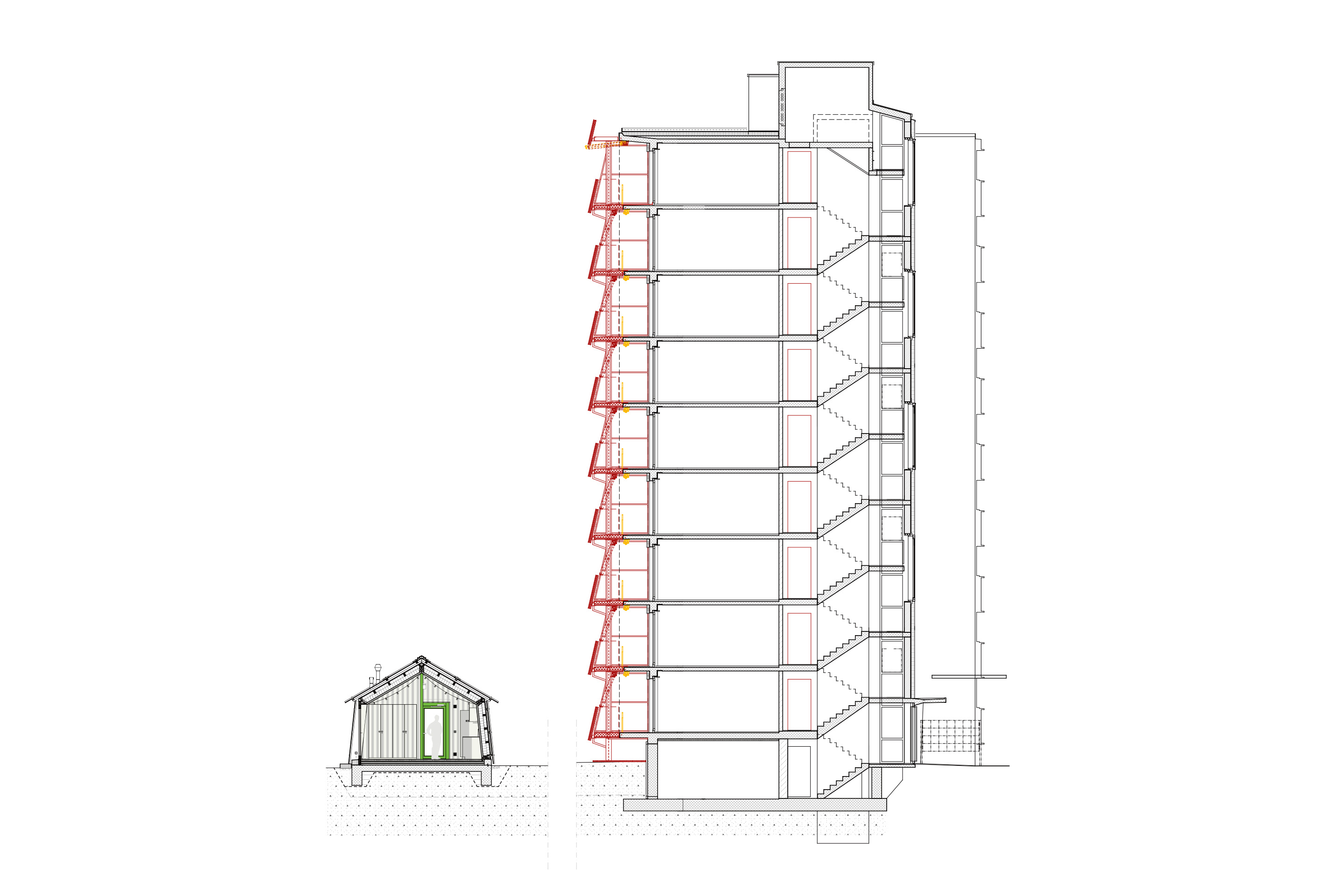 Der Schnitt zeigt die ausgestellten Photovoltaikelemente an der erweiterten Balkonschicht.