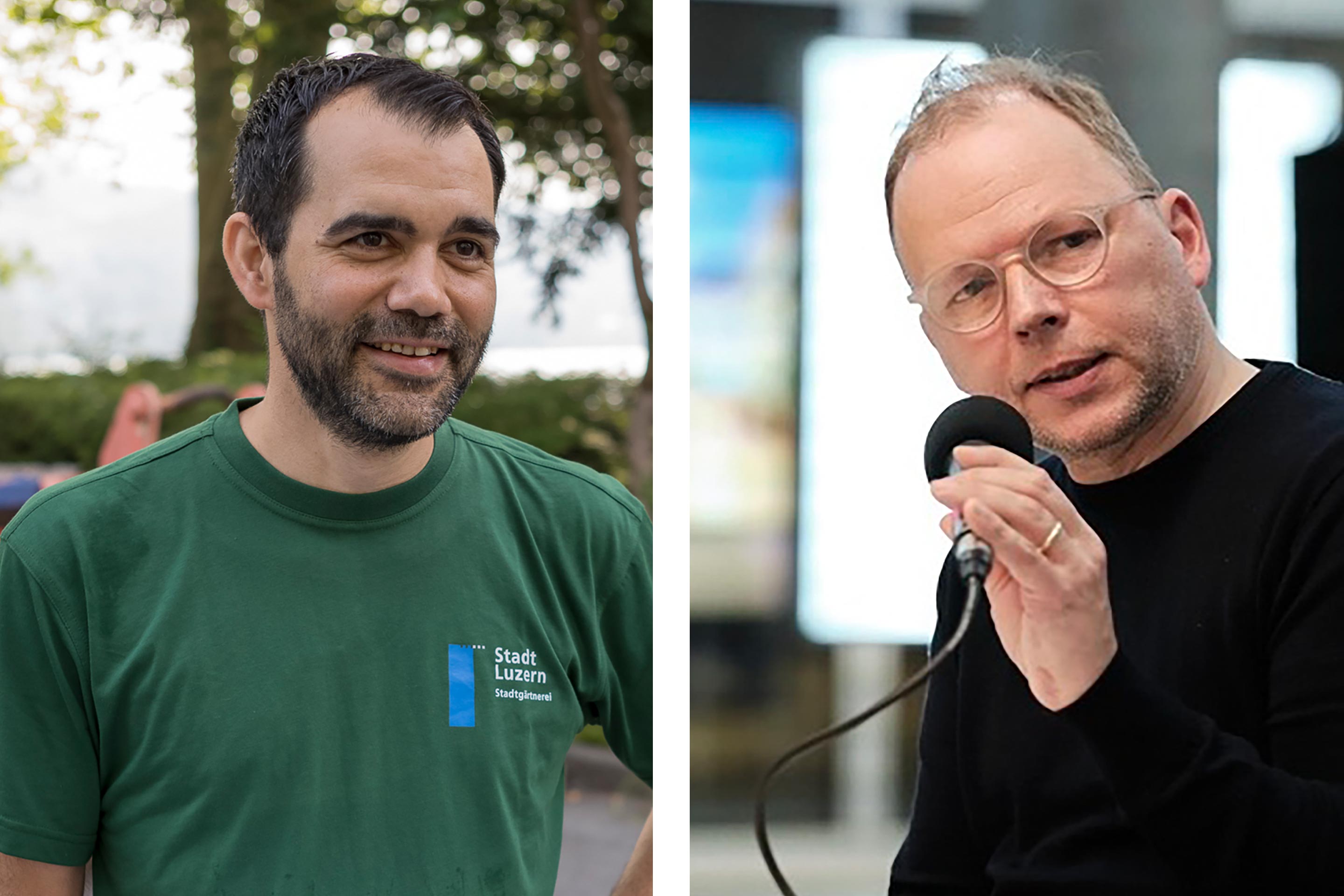 Links: Timur Babacanli ist gelernter Gartenbauer, Hochbautechniker und Fachbearbeiter bei Stadtgrün Luzern. Rechts: Ben Pohl (M.Sc. Urban Design) ist Mitglied des Teams der Denkstatt, Basel. Neben seiner Arbeit dort arbeitet er mit B/IAS – Basel Institute für angewandte Stadtforschung an kooperativen Formen der Wissensproduktion gemeinwohlorientierter Stadtentwicklung.