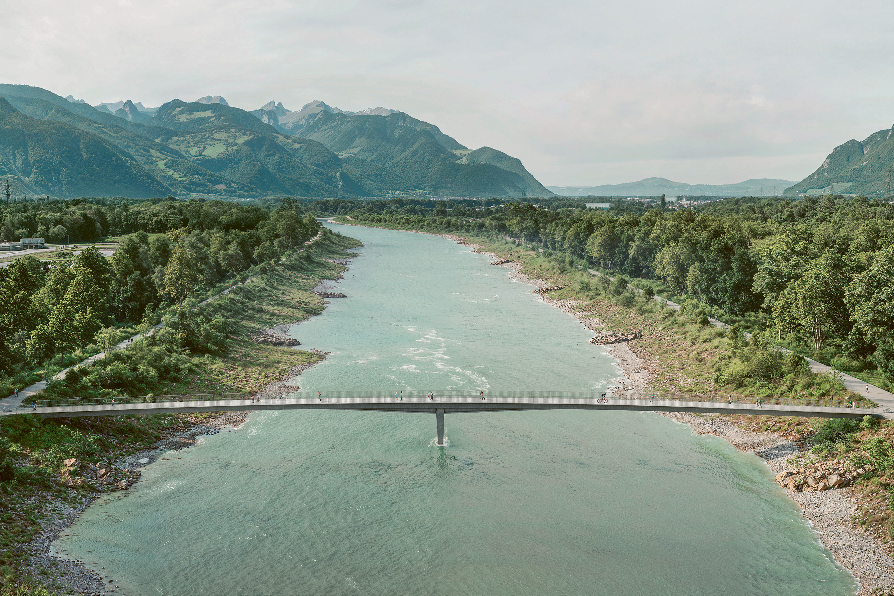 Passerelle de Charbonnière, entre Collombey-Muraz (VS) et Ollon (VD) : visualisation vers l’aval du projet lauréat Superleggera