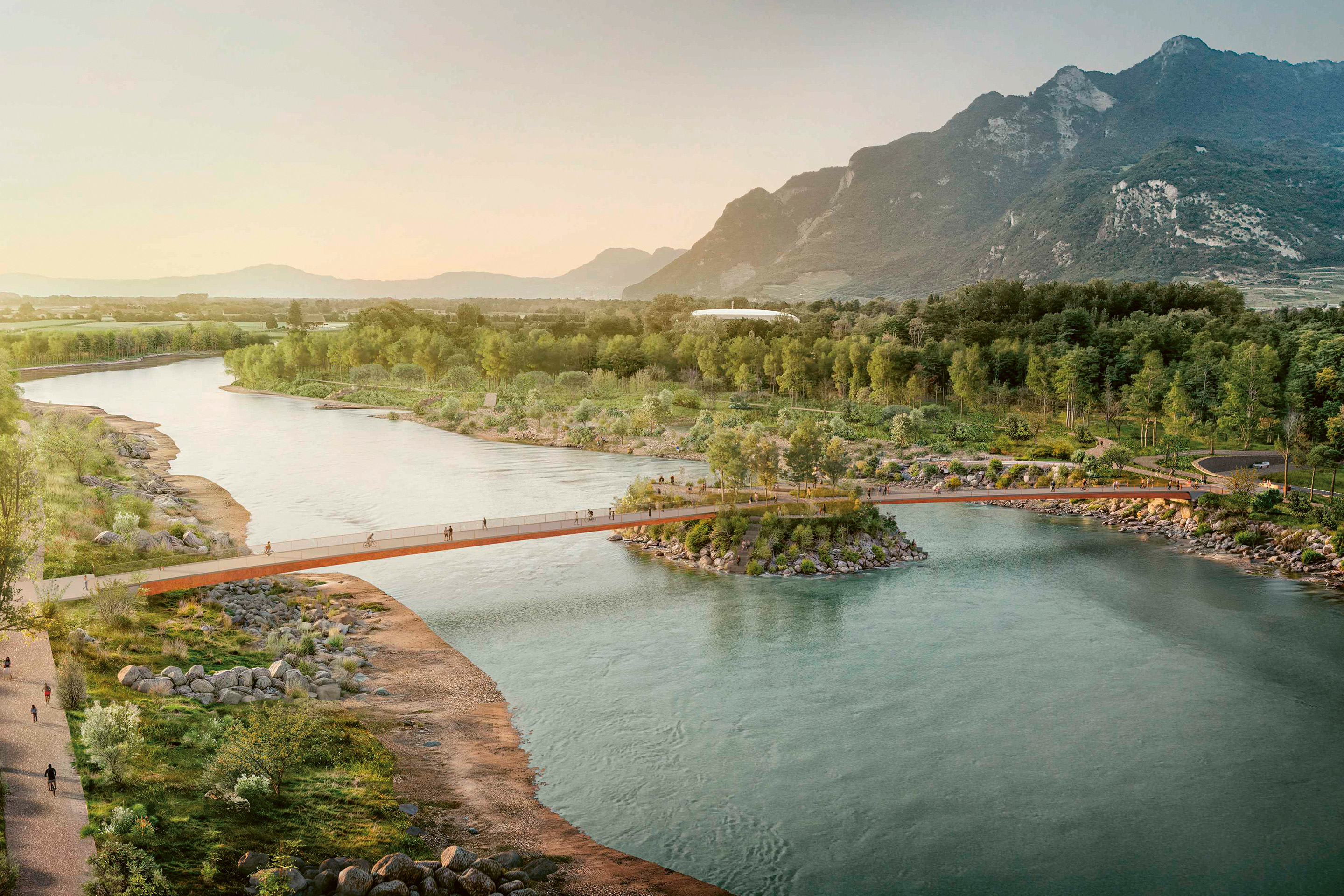 Passerelle d’Illarsaz, entre Collombey-Muraz (VS) et Aigle (VD) : visualisation vers l’aval du projet Au cœur de l’Île