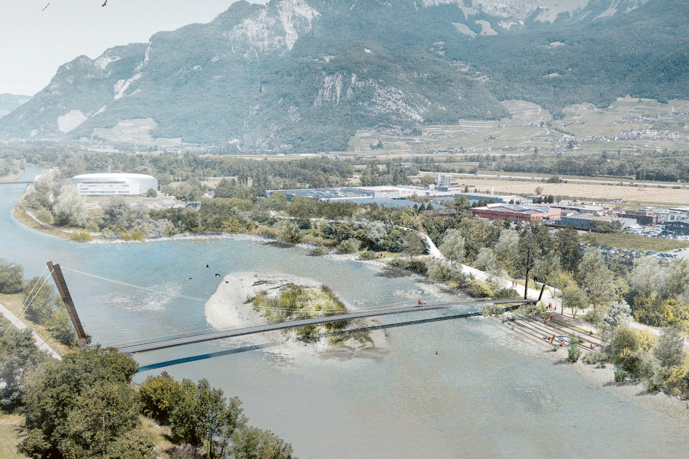 Passerelle d’Illarsaz, entre Collombey-Muraz (VS) et Aigle (VD) : visualisation vers l’aval du projet Ancturésia (3e rang et 2e mention)