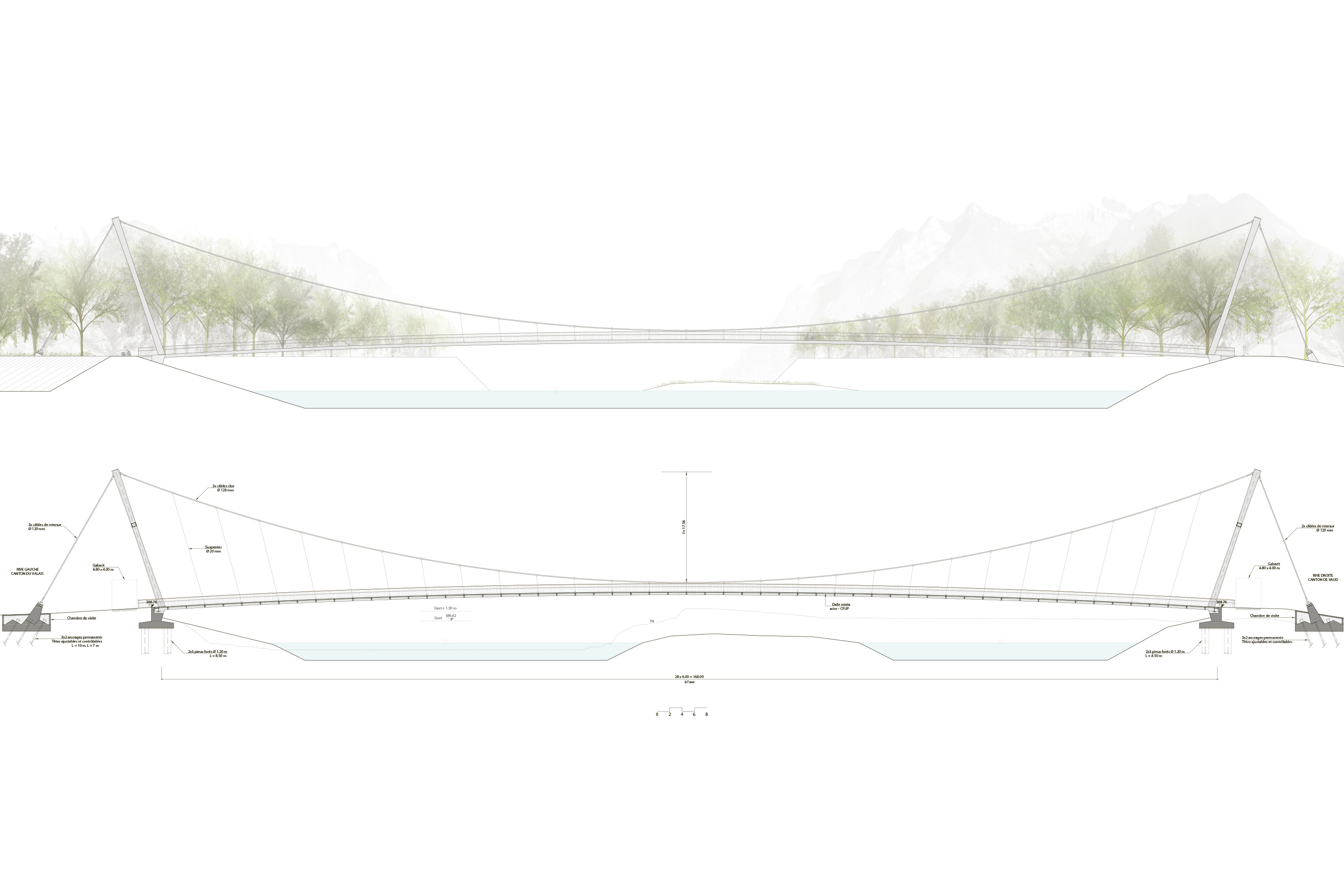 Passerelle d’Illarsaz, entre Collombey-Muraz (VS) et Aigle (VD) : élévation et profil en long du projet Ancturésia (3e rang et 2e mention)