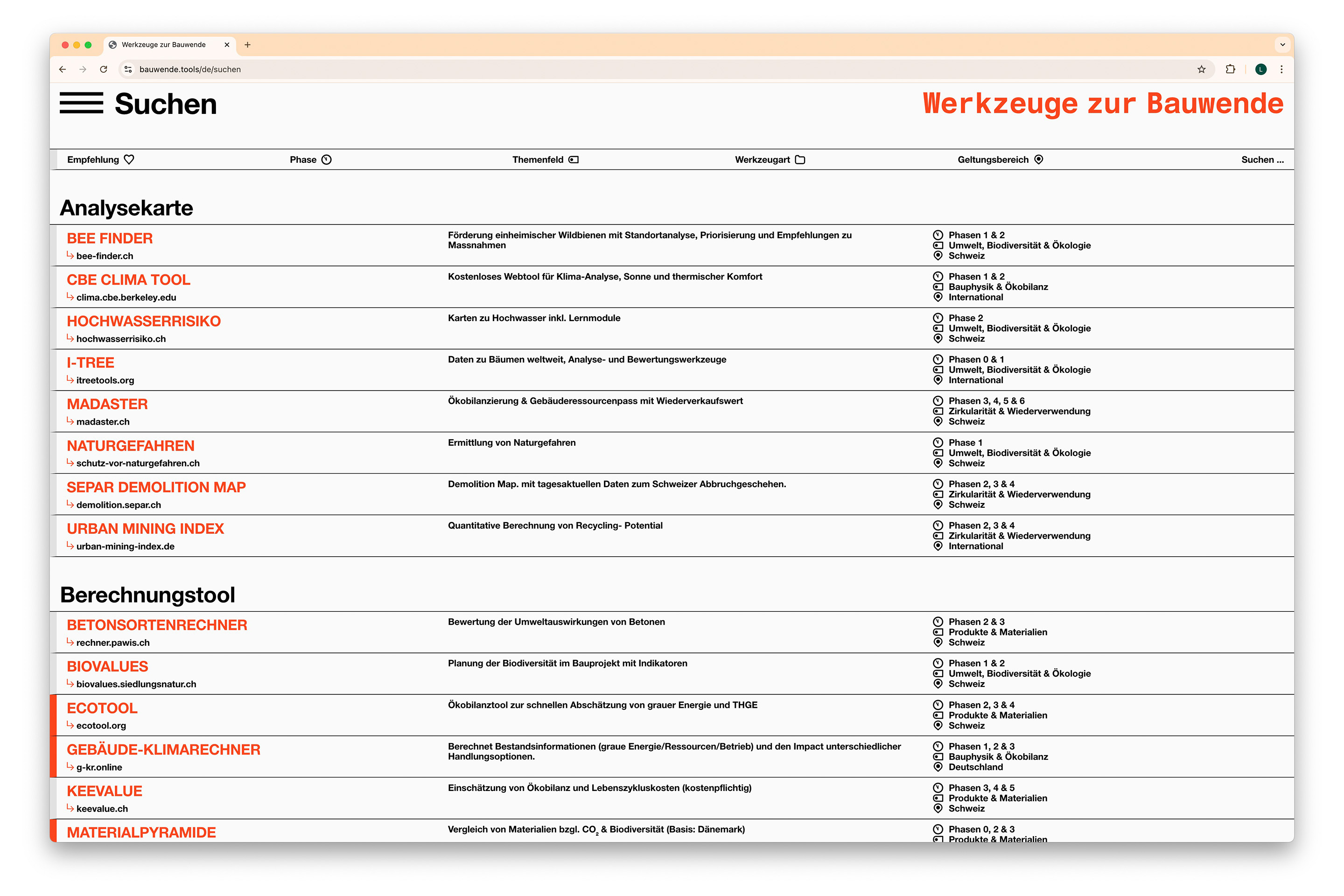 Bauwende Tools Ansicht Suche