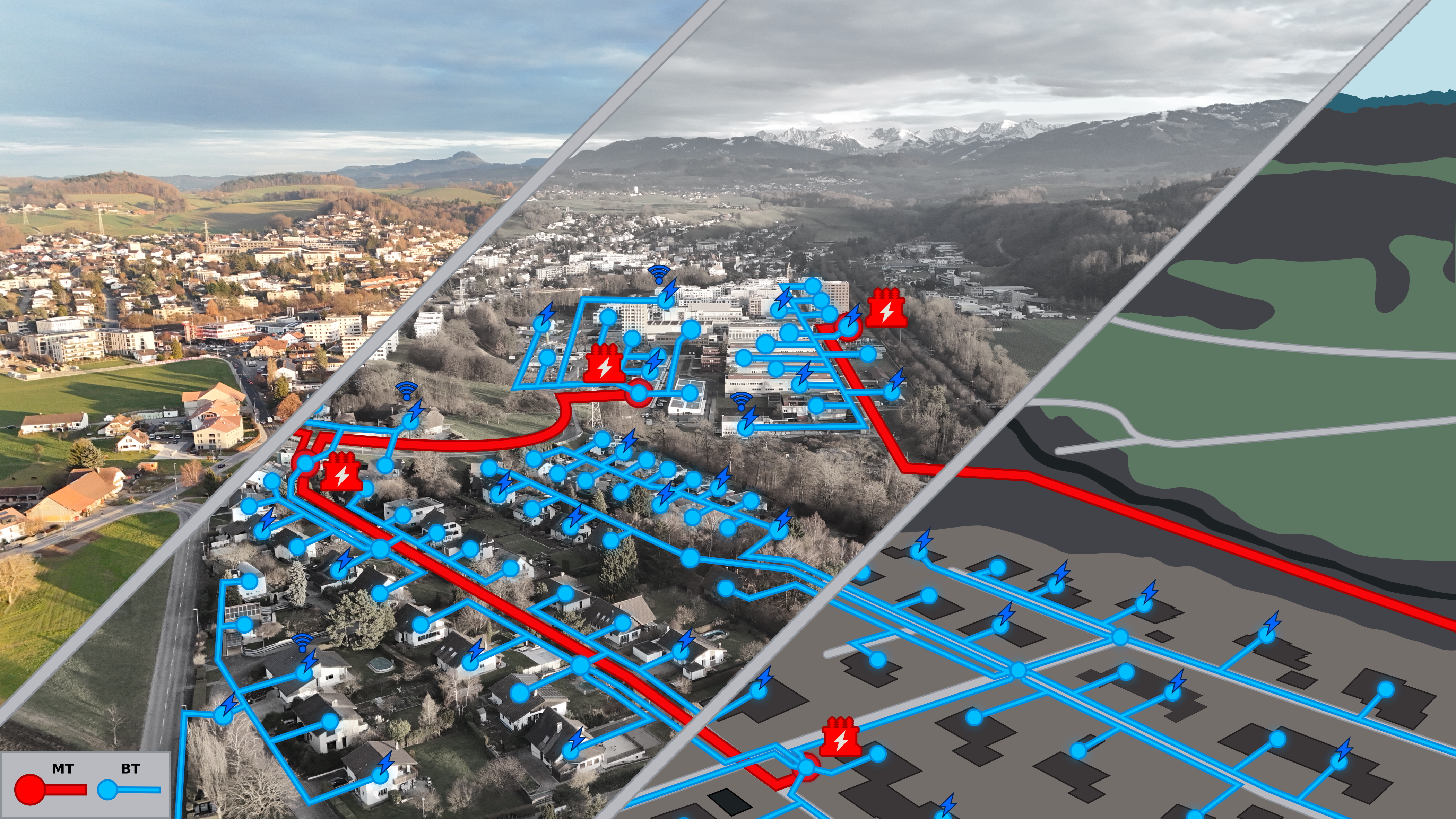 Réseau électrique des trois zones du projet Smart Energy District