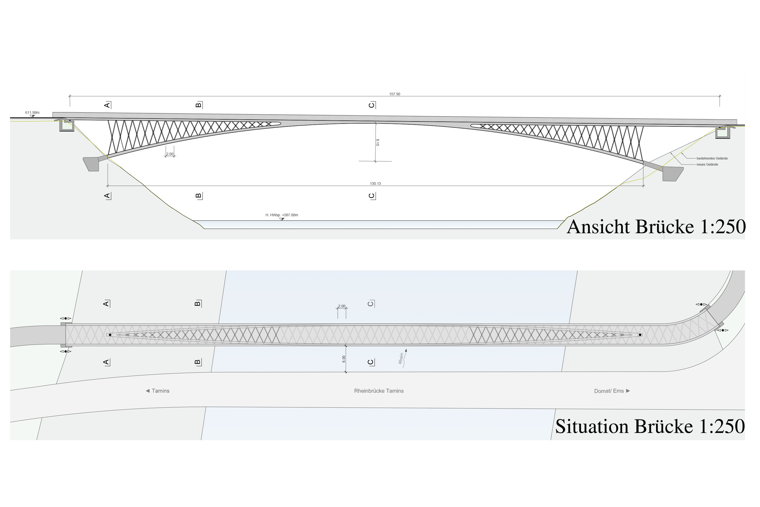 Footbridge Chur 2025 Längsansicht Lageplan Tamins