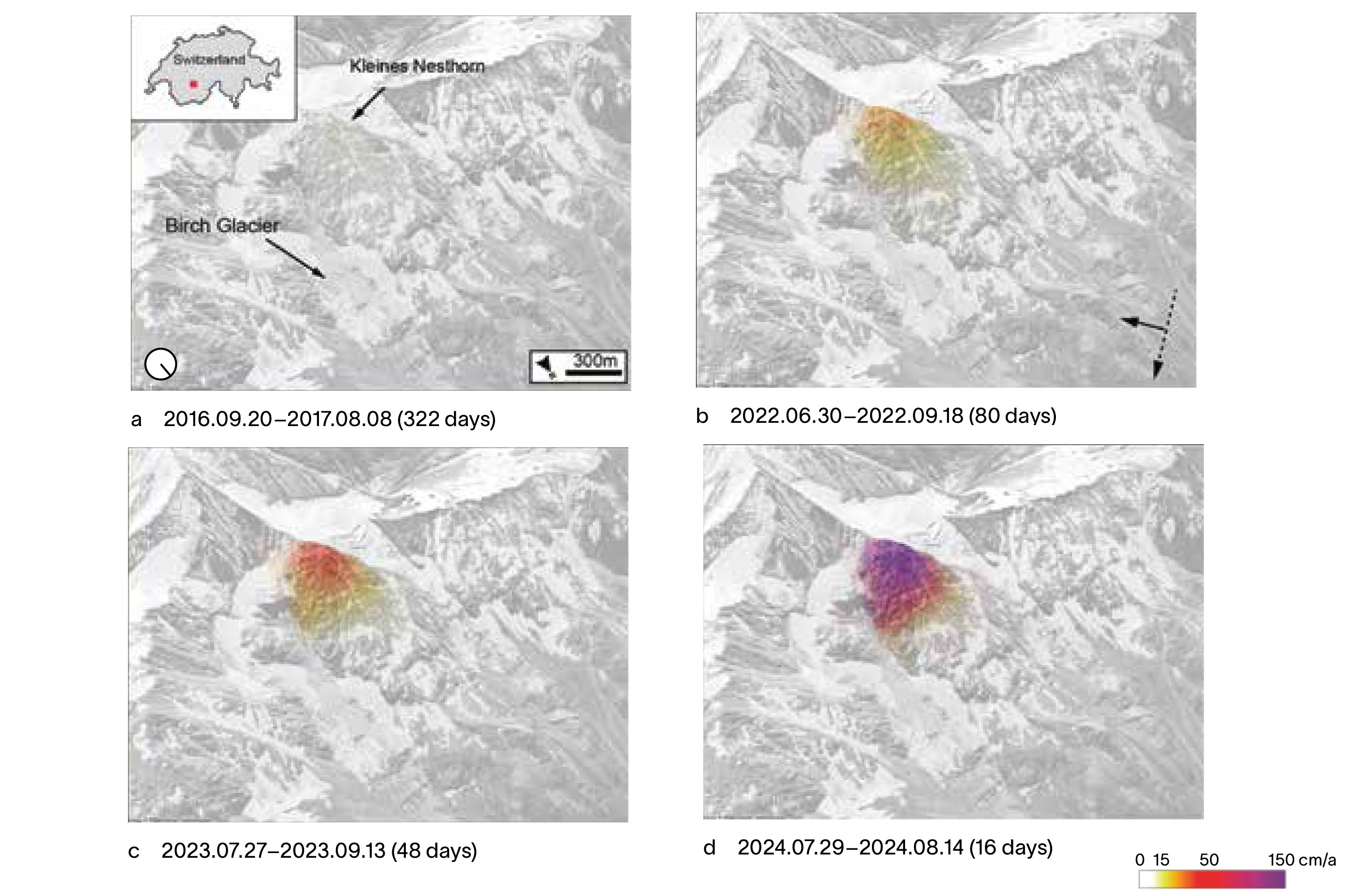 Blatten Bergsturz Birchgletscher Oberflächengeschwindigkeiten Interferogramme