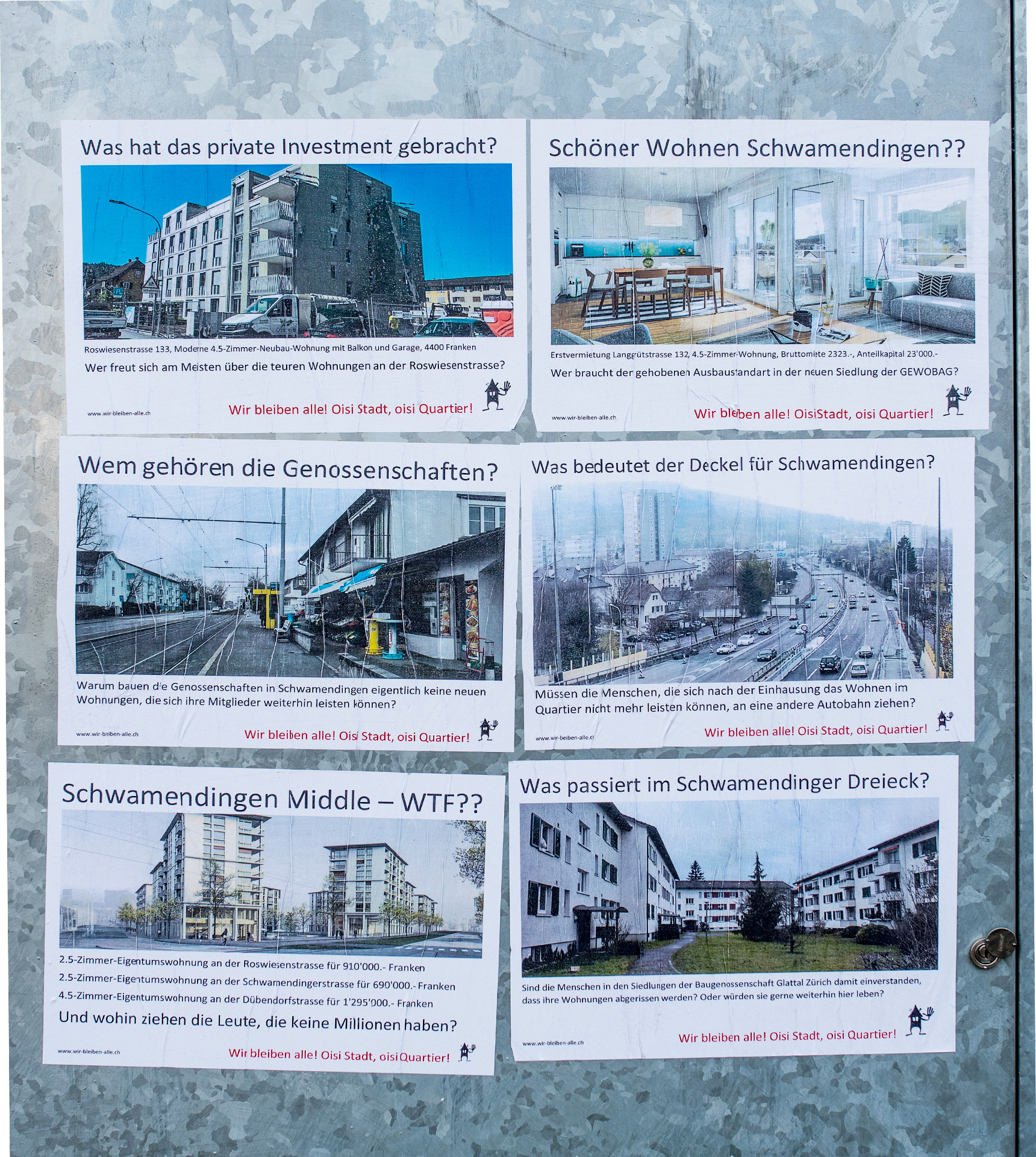 Mit Plakaten auf dem Ueberlandpark äussert eine Quartiergruppe ihre Sorgen über den angestossenen Verdrängungsprozess mit den ersatzneubauten. Sätze wie:"Müssen Menschen, die sich nach der Einhausung das Wohnen im Quartier nicht mehr leisten können, an eine andere Autobahn ziehen?" verdeutlichen das Problem.