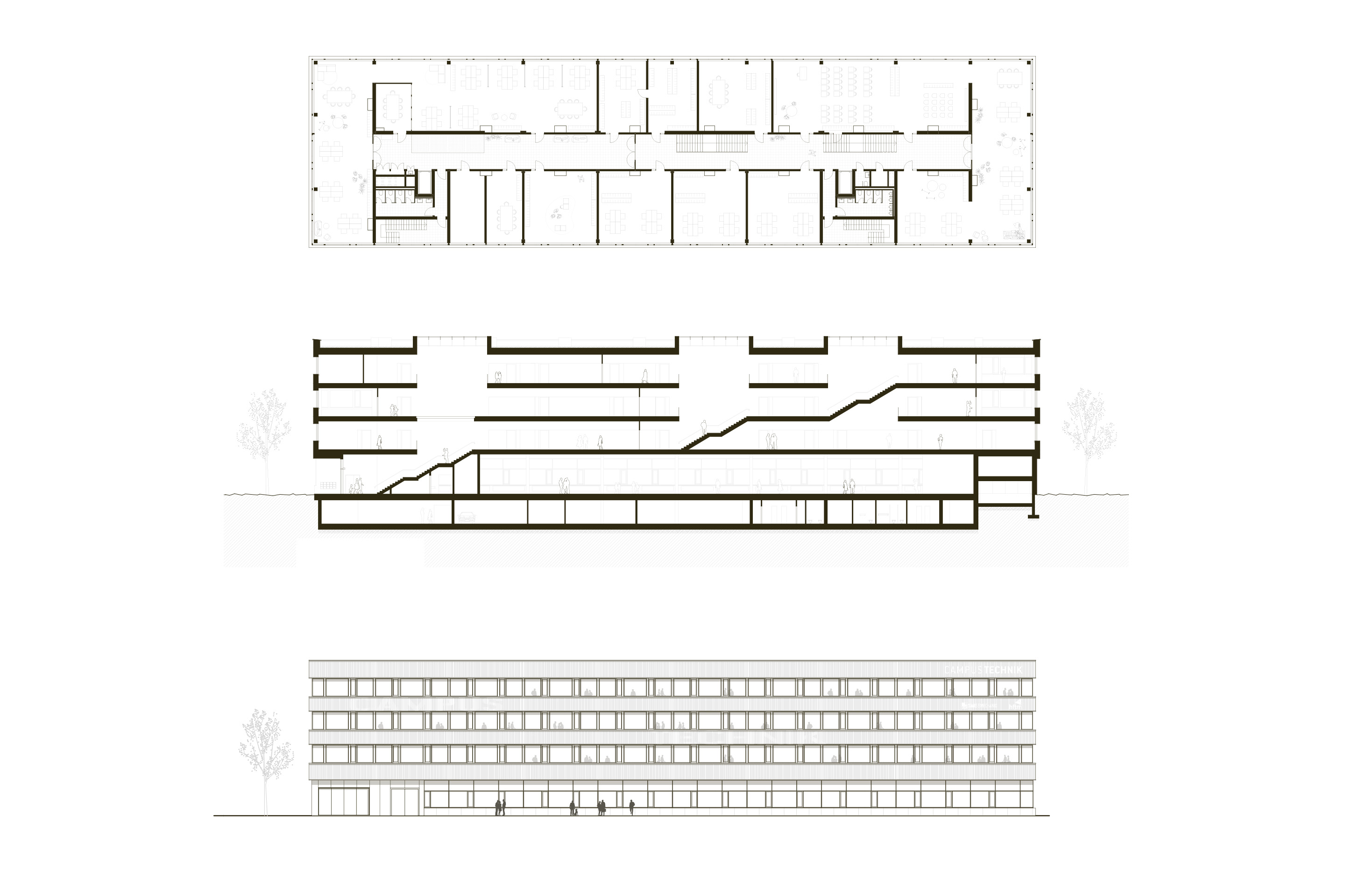 Grundriss, Schnitt und Ansicht