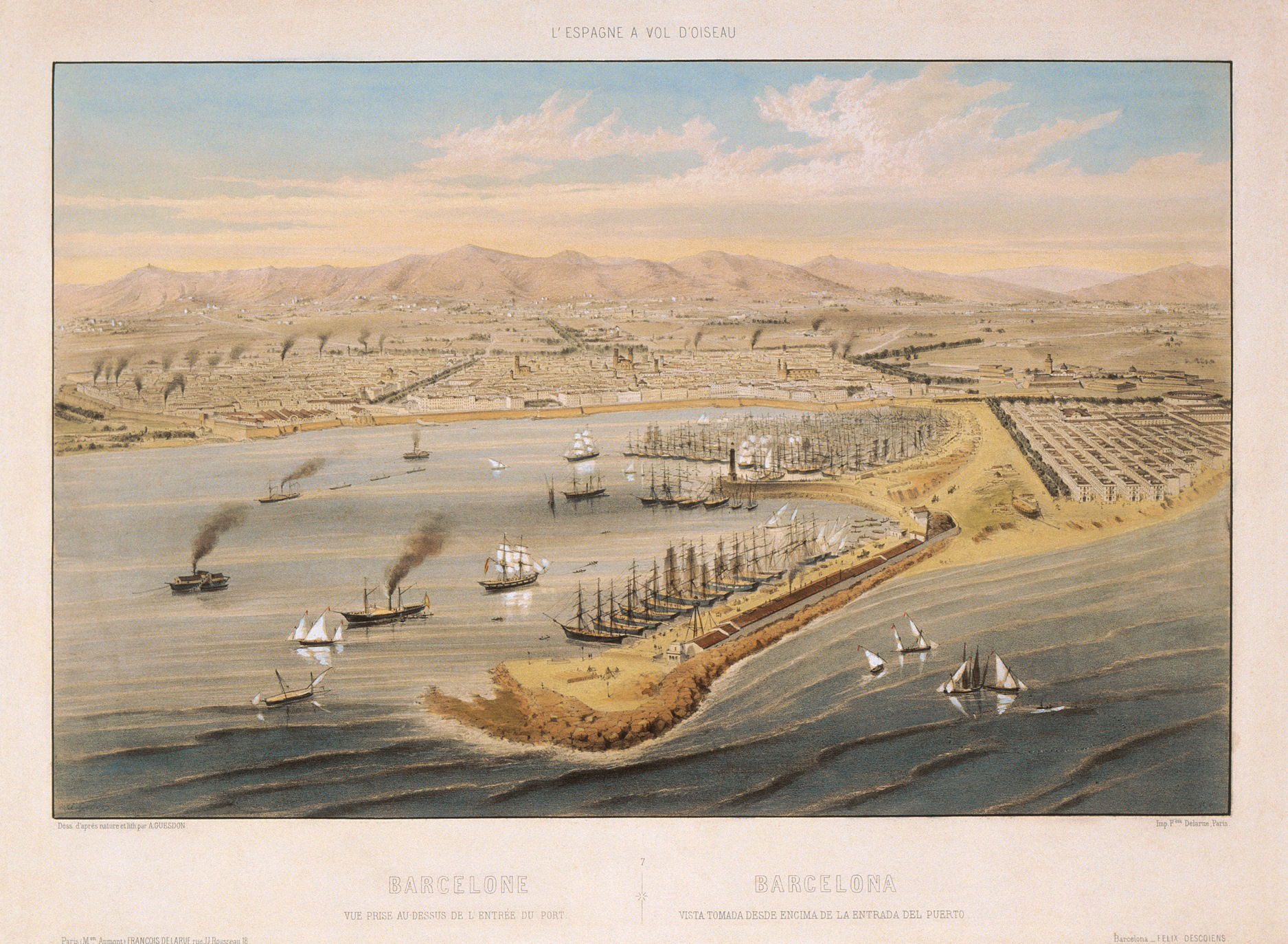 Barcelone – Vue prise au-dessus du port. Lithographie d’Alfred Guesdon (env. 1868). À droite de la jetée, on distingue le quartier de La Barceloneta avec la citadelle en arrière-plan.