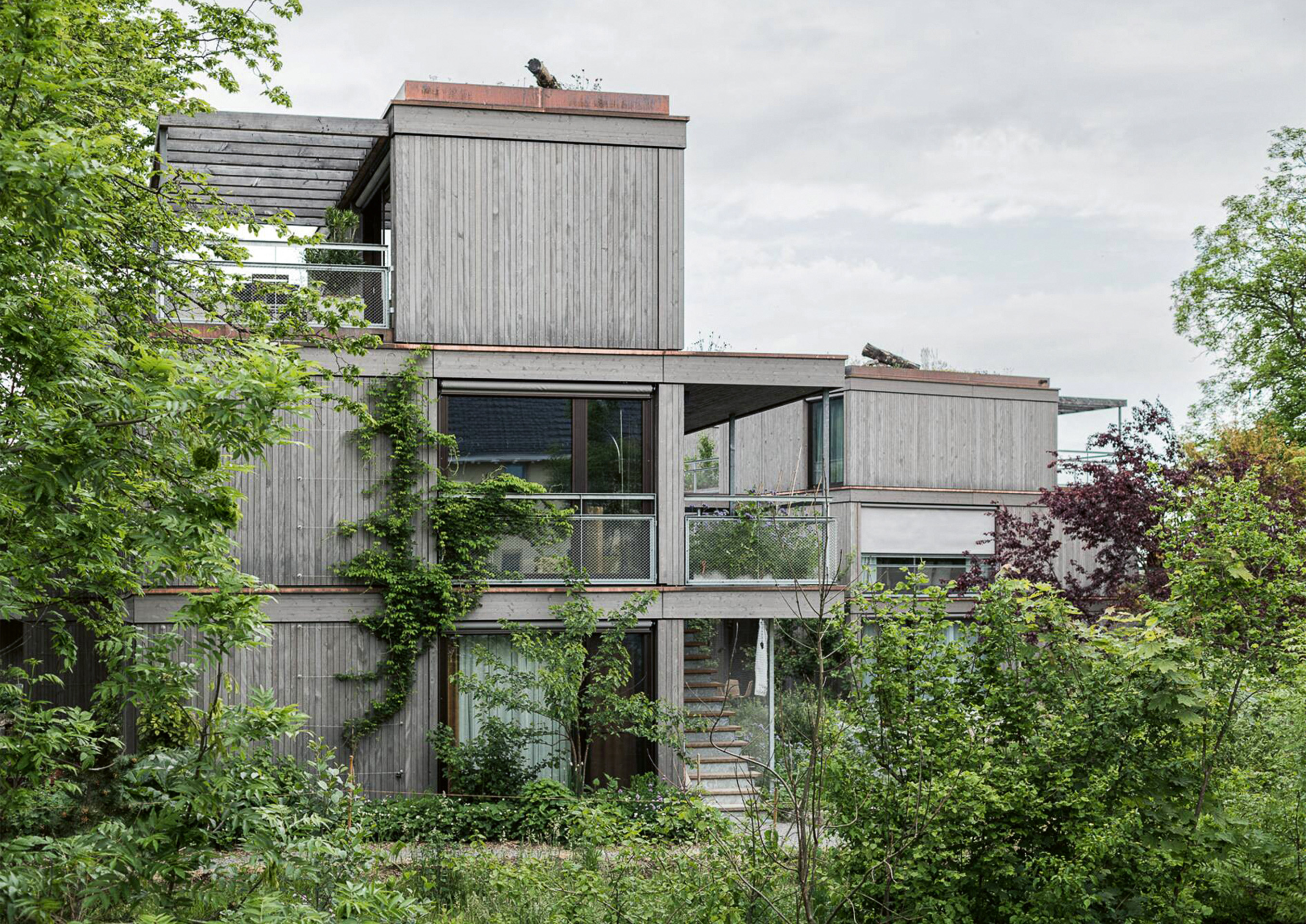 In Egg trifft Holzbau auf Permakultur: über 700 Pflanzenarten wachsen rund um, an und auf den Gebäuden der Siedlung "In den Bäumen".