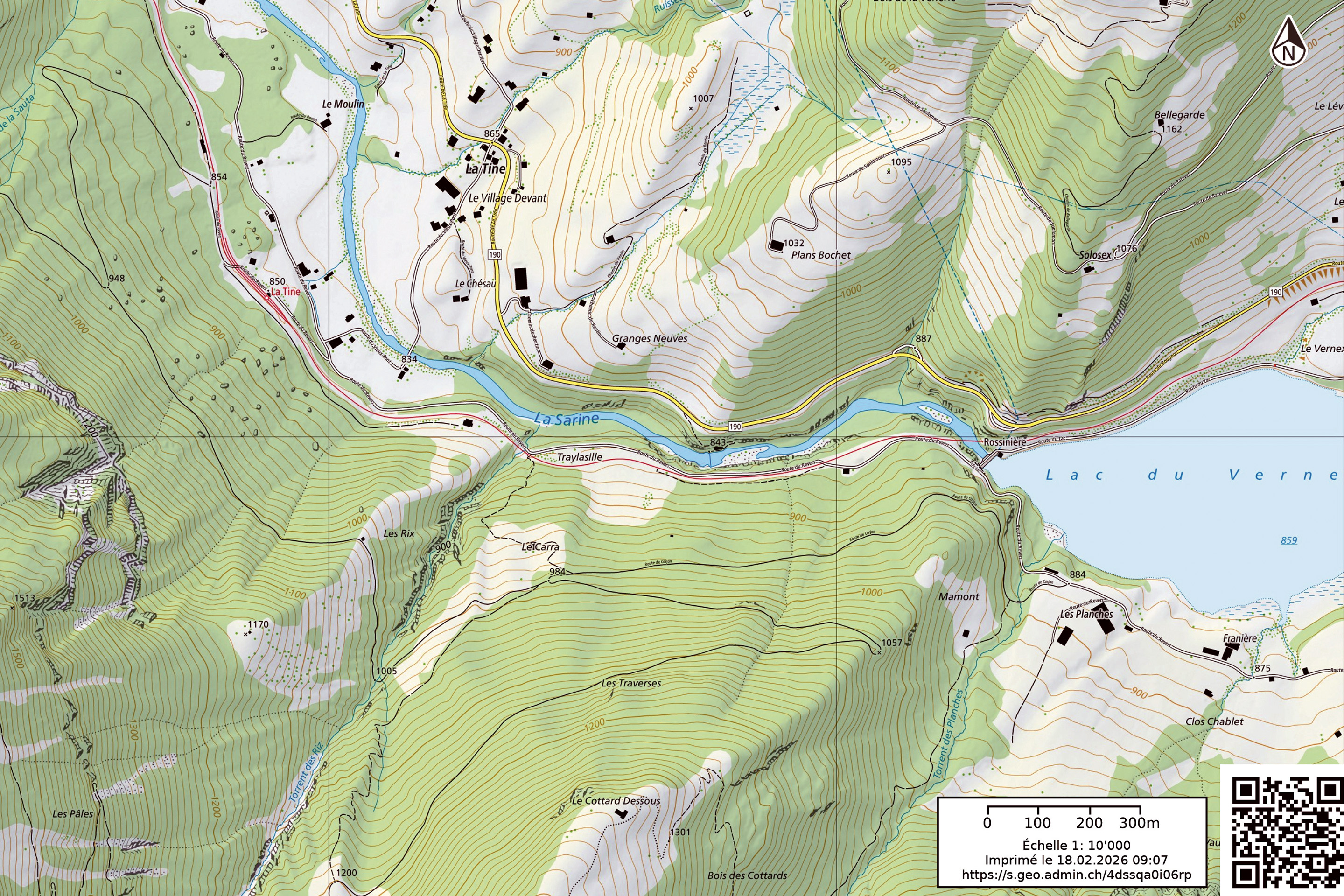 Plan de situation. Le pont «Rose-Marie» franchit la Sarine entre La Tine et la gare MOB de La Tine.