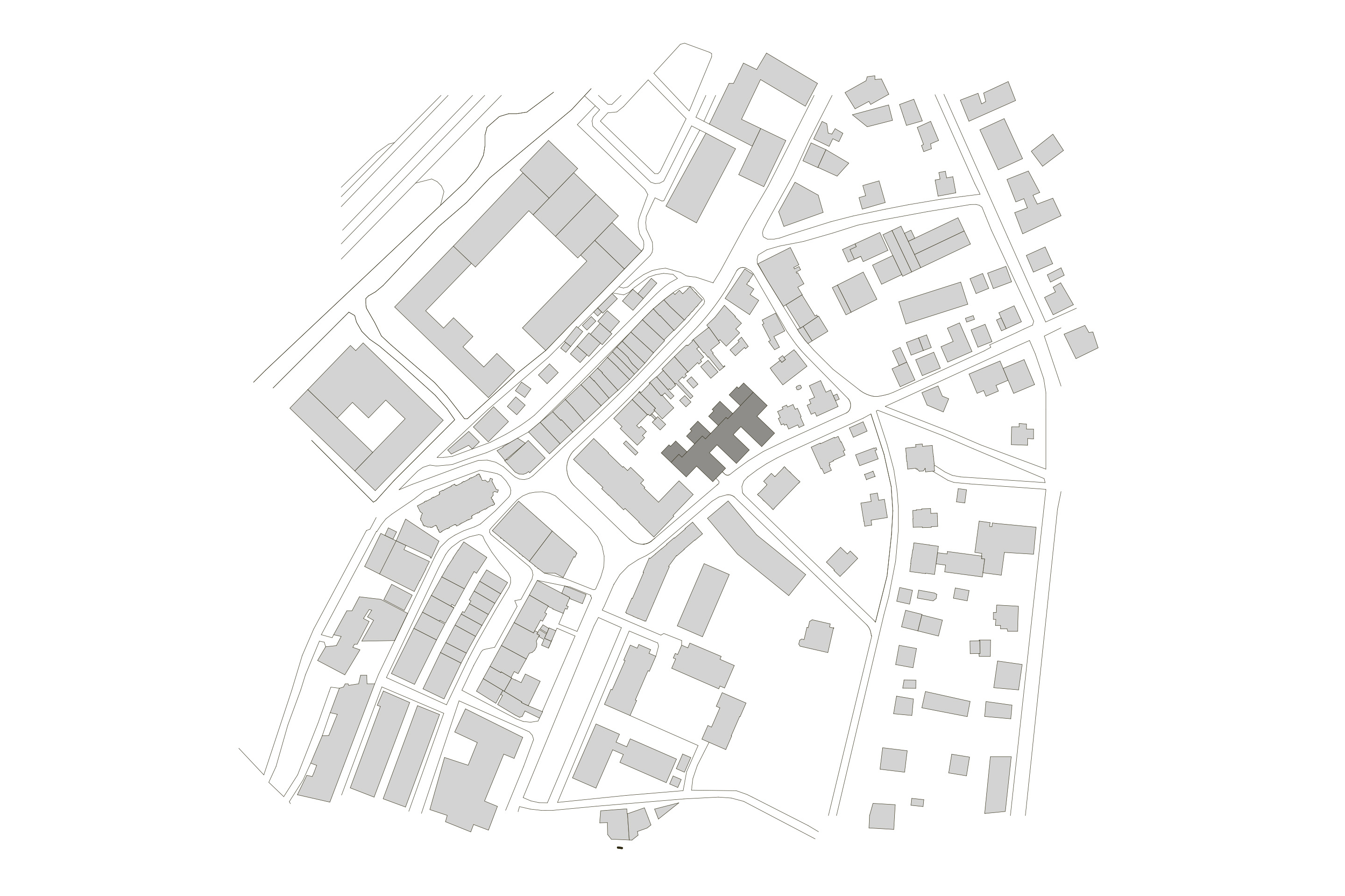 Orthogonale und differenzierte Gestaltung der Büroflügel zur Strasse und zu den Gärten.